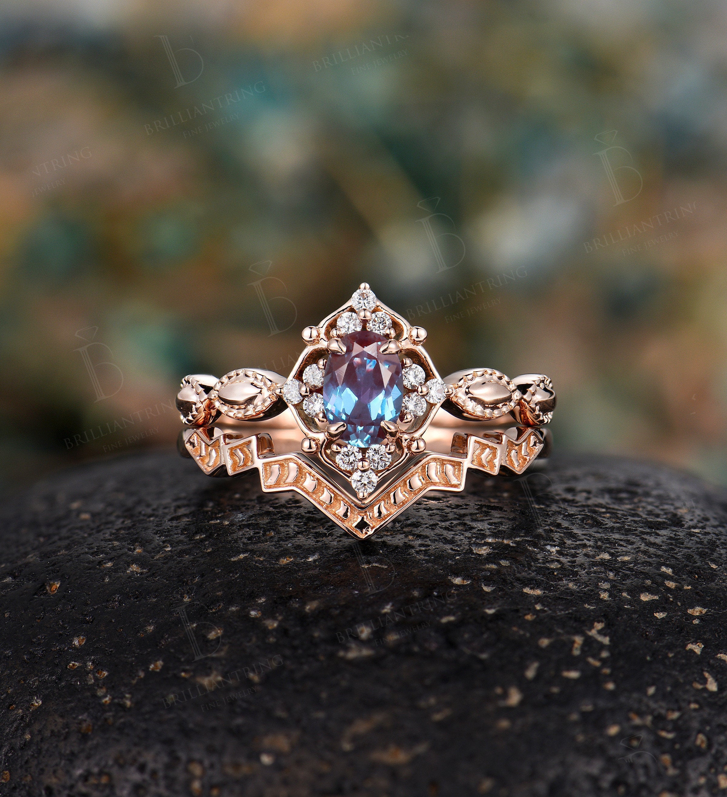 Alexandrite engagement ring set vintage rose gold oval cut Antique Delicate diamond milgrain ring Anniversary wedding ring