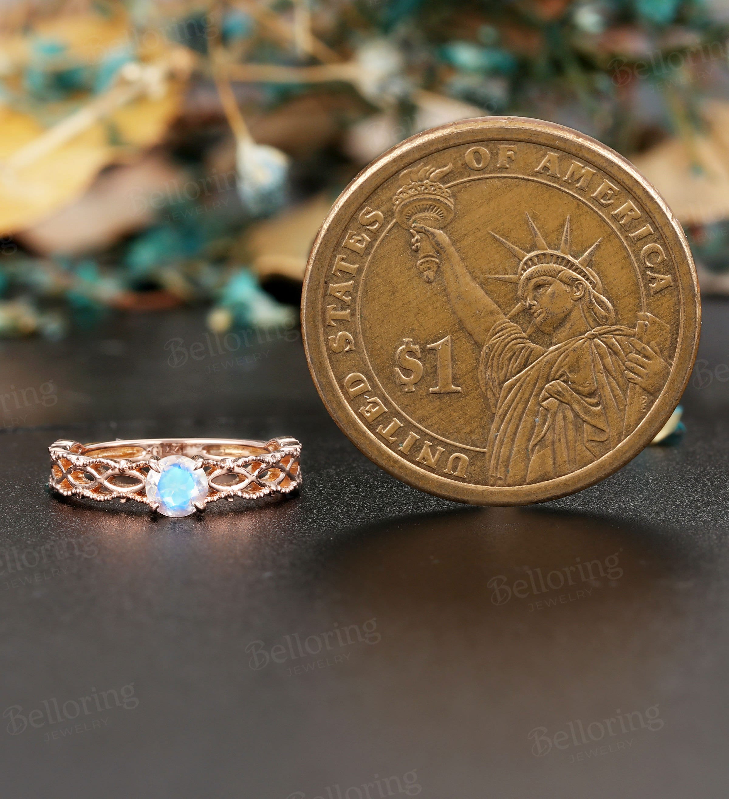 Moonstone engagement ring rose gold art deco engagement ring  vintage wedding antique Delicate anniversary wedding ring bridal set