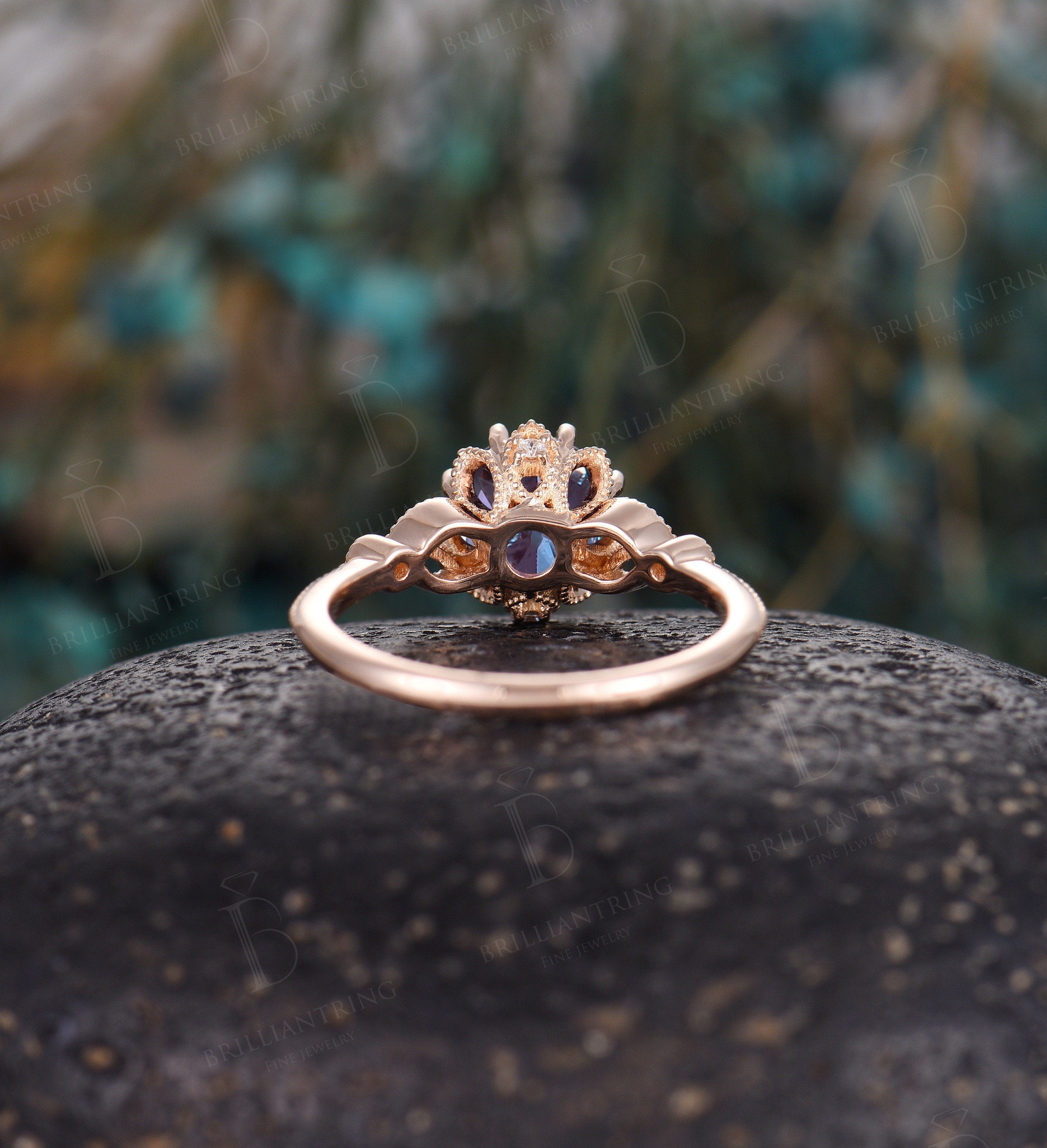 Alexandrite engagement ring Rose gold art deco vintage rings  antique milgrain Jewelry Anniversary wedding ring