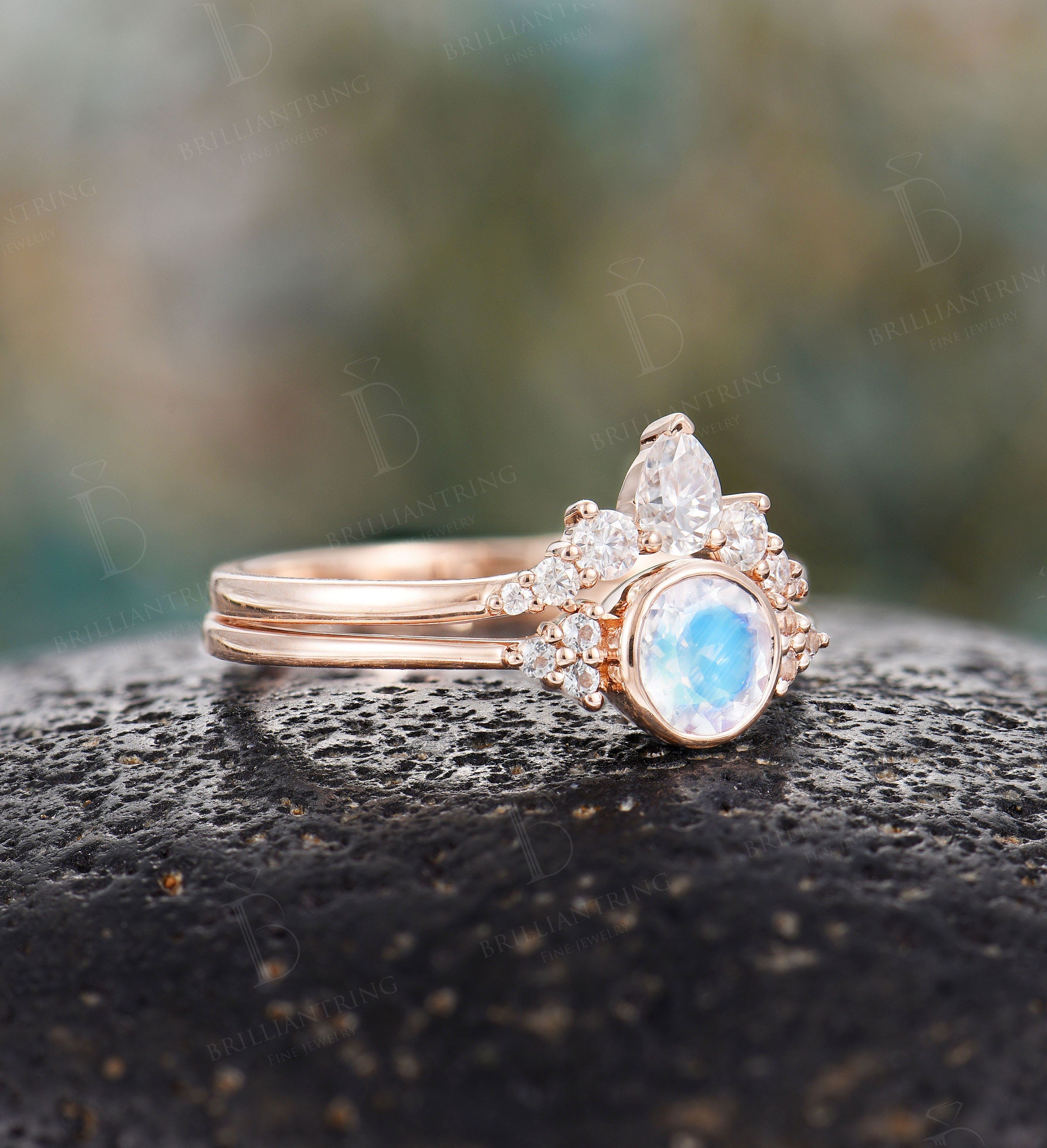 Art deco moonstone engagement ring set Vintage Topaz Jewelry rose gold Unique moissanite wedding band Bridal set Anniversary wedding ring