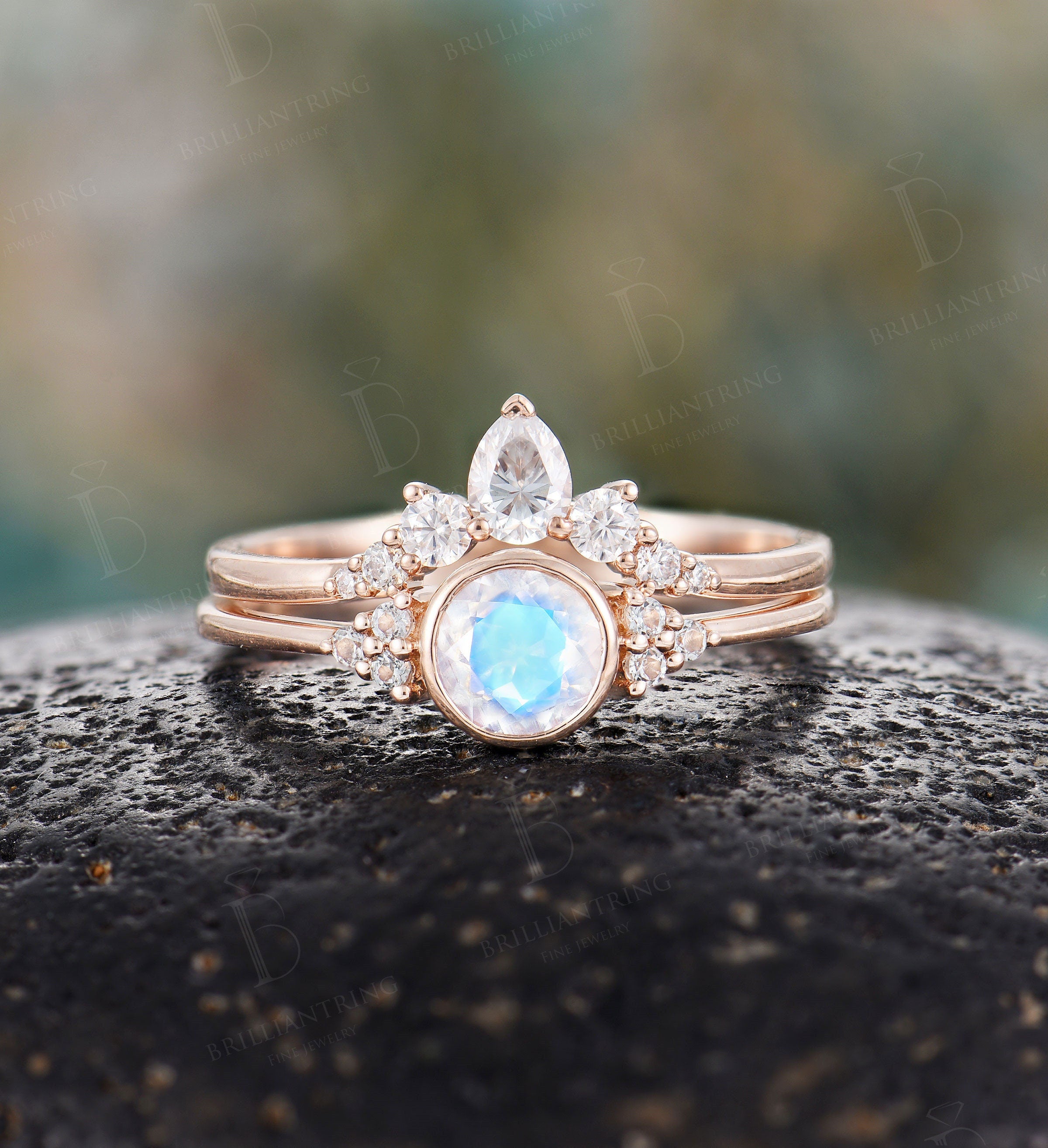 Art deco moonstone engagement ring set Vintage Topaz Jewelry rose gold Unique moissanite wedding band Bridal set Anniversary wedding ring