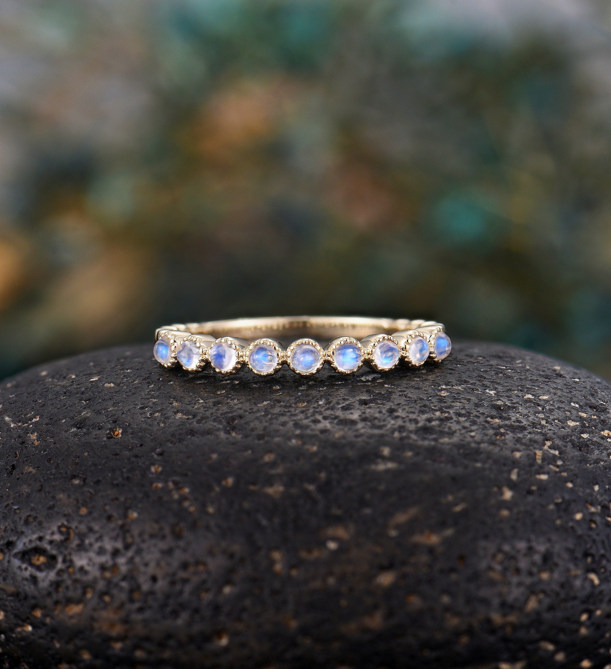 Moonstone straight wedding band Unique yellow gold half eternity Antique Stacking ring Vintage ring Bridal engagement band Anniversary band