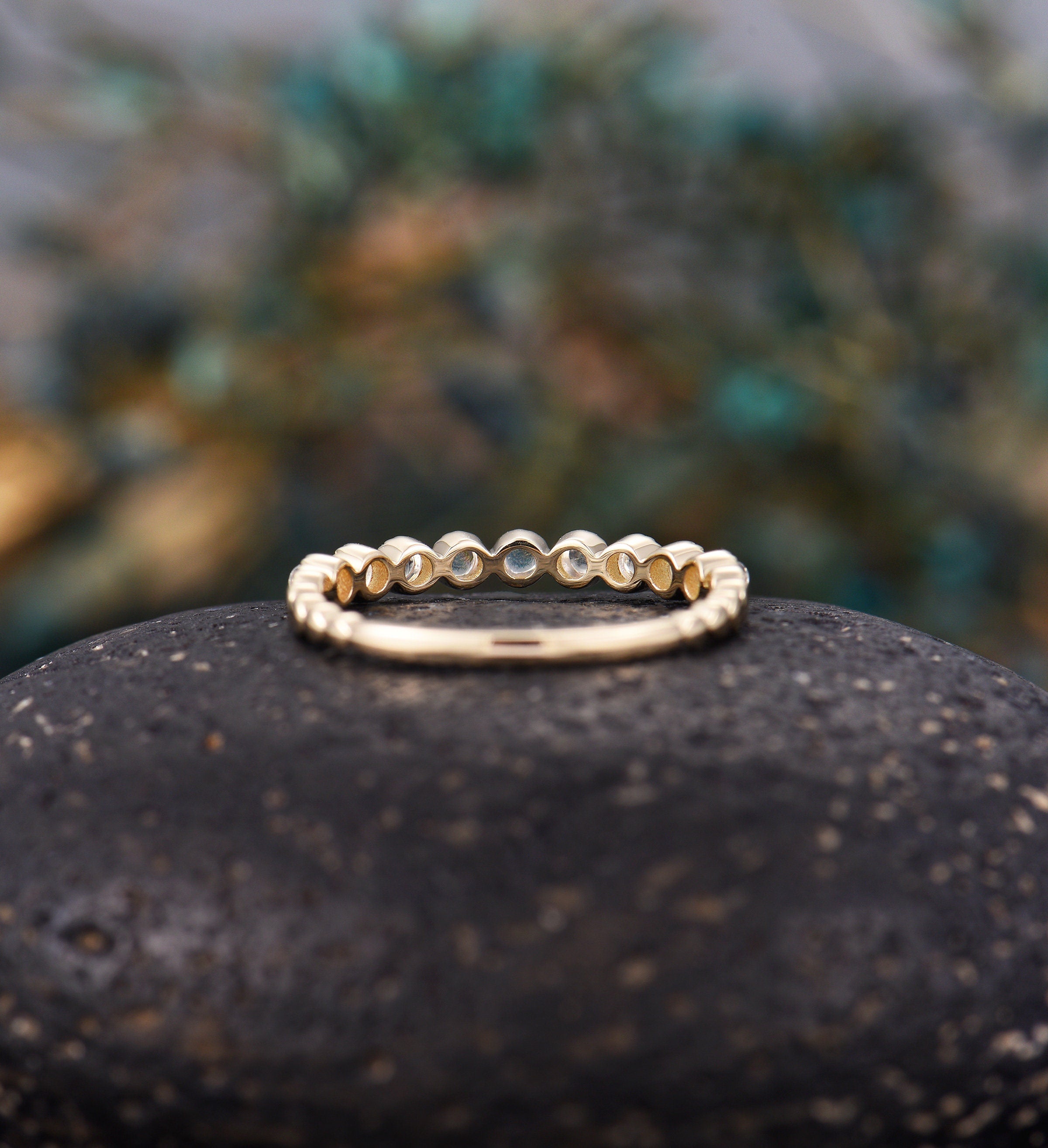 Moonstone straight wedding band Unique yellow gold half eternity Antique Stacking ring Vintage ring Bridal engagement band Anniversary band