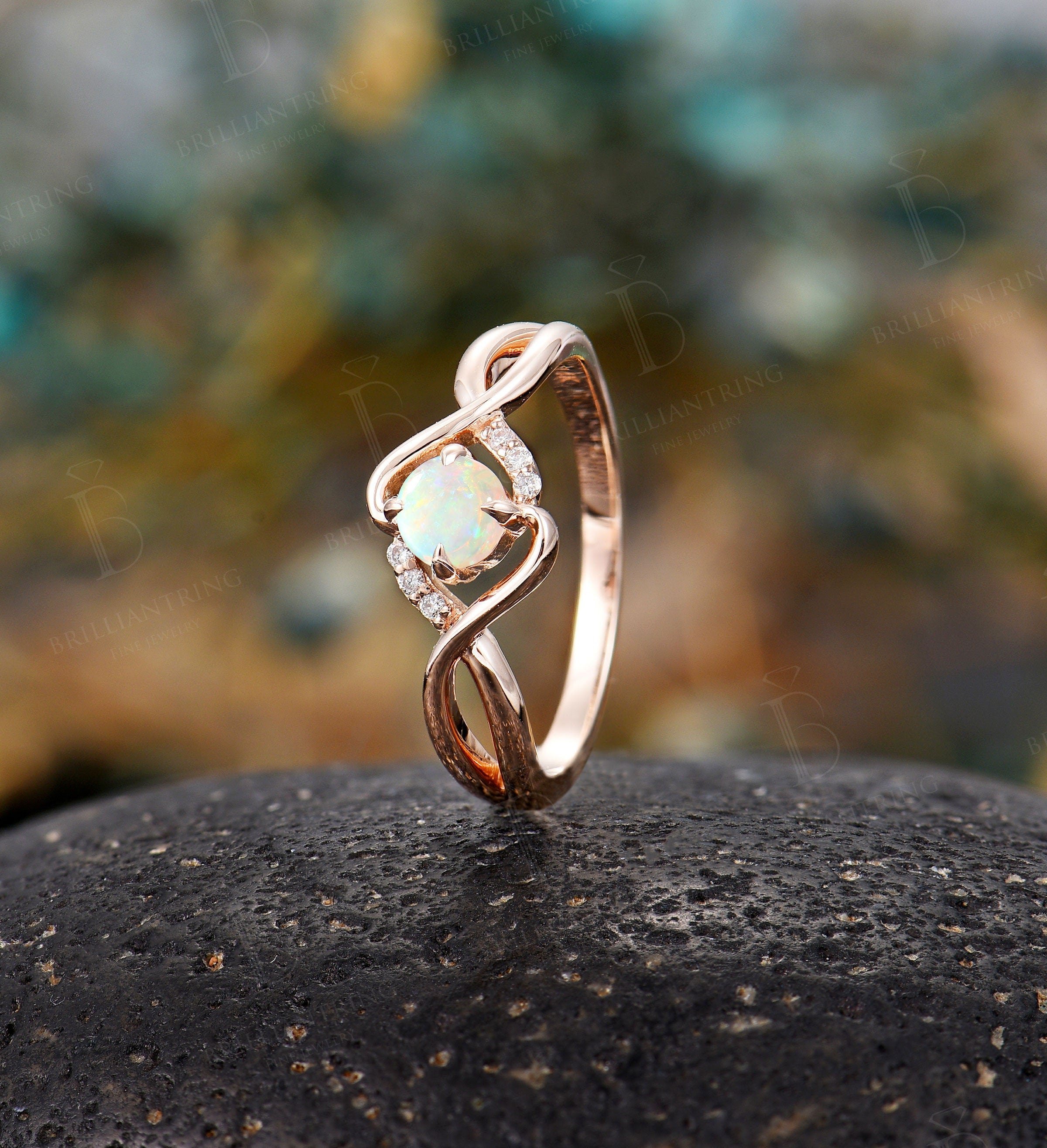 Australian Opal engagement ring Vintage diamond ring twist ring rose gold Unique wedding ring Art deco ring antique ring Anniversary ring