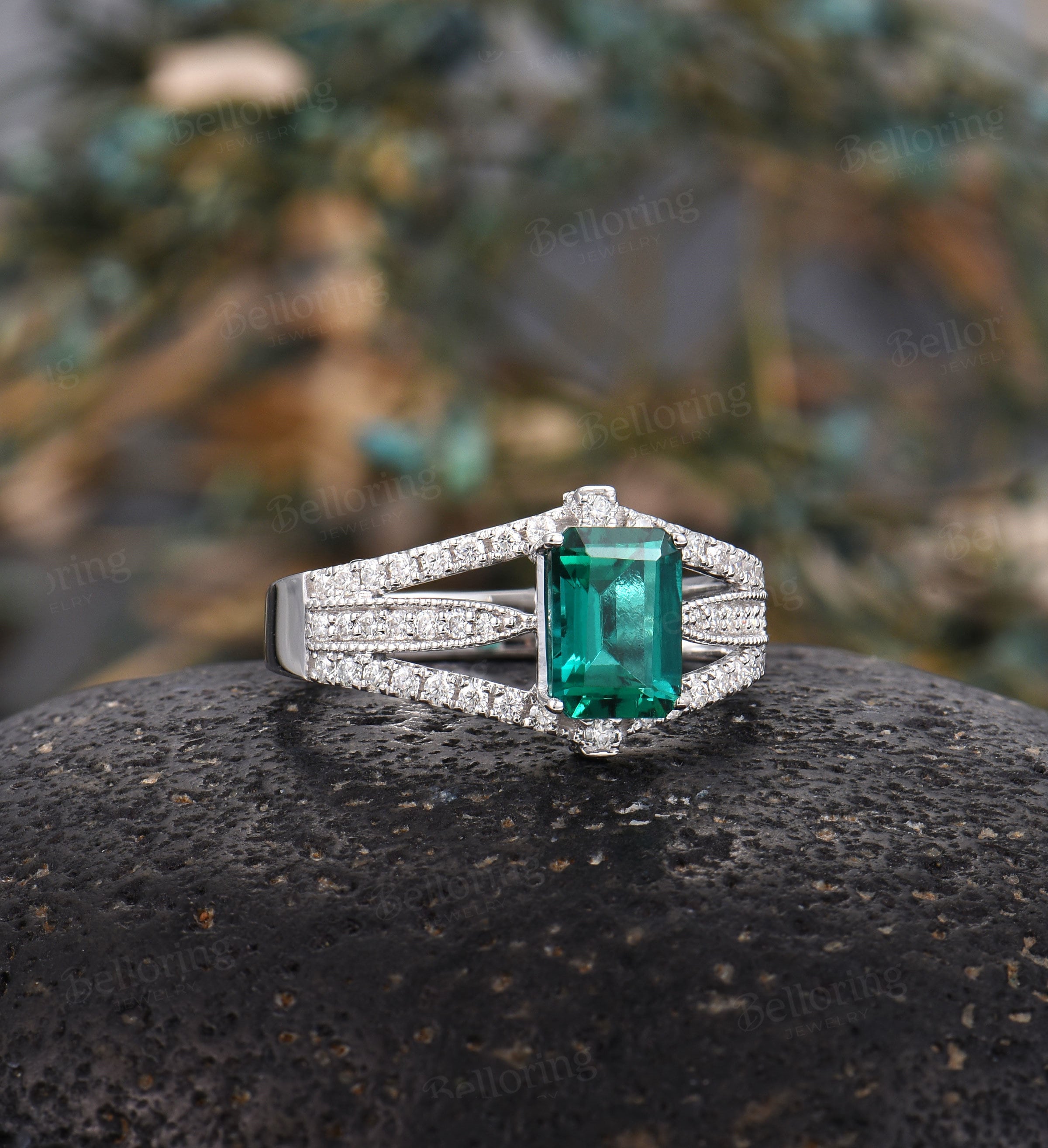 Emerald engagement ring rose gold Emerald cut vintage Halo moissanite Half eternity Wedding  Bridal Jewelry Anniversary wedding ring