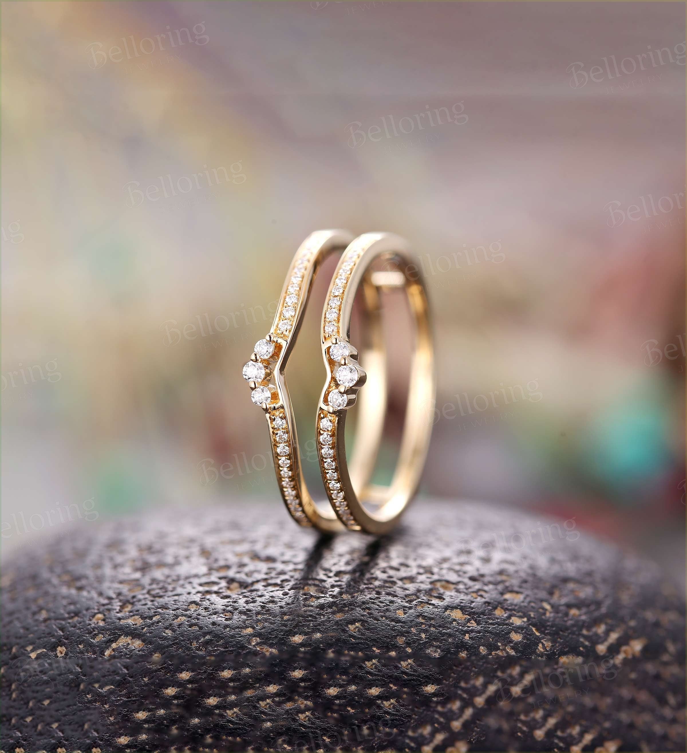 Moissanite Curved wedding band yellow gold ring Ring enhancer diamond curved band Antique ring matching band stacking rings