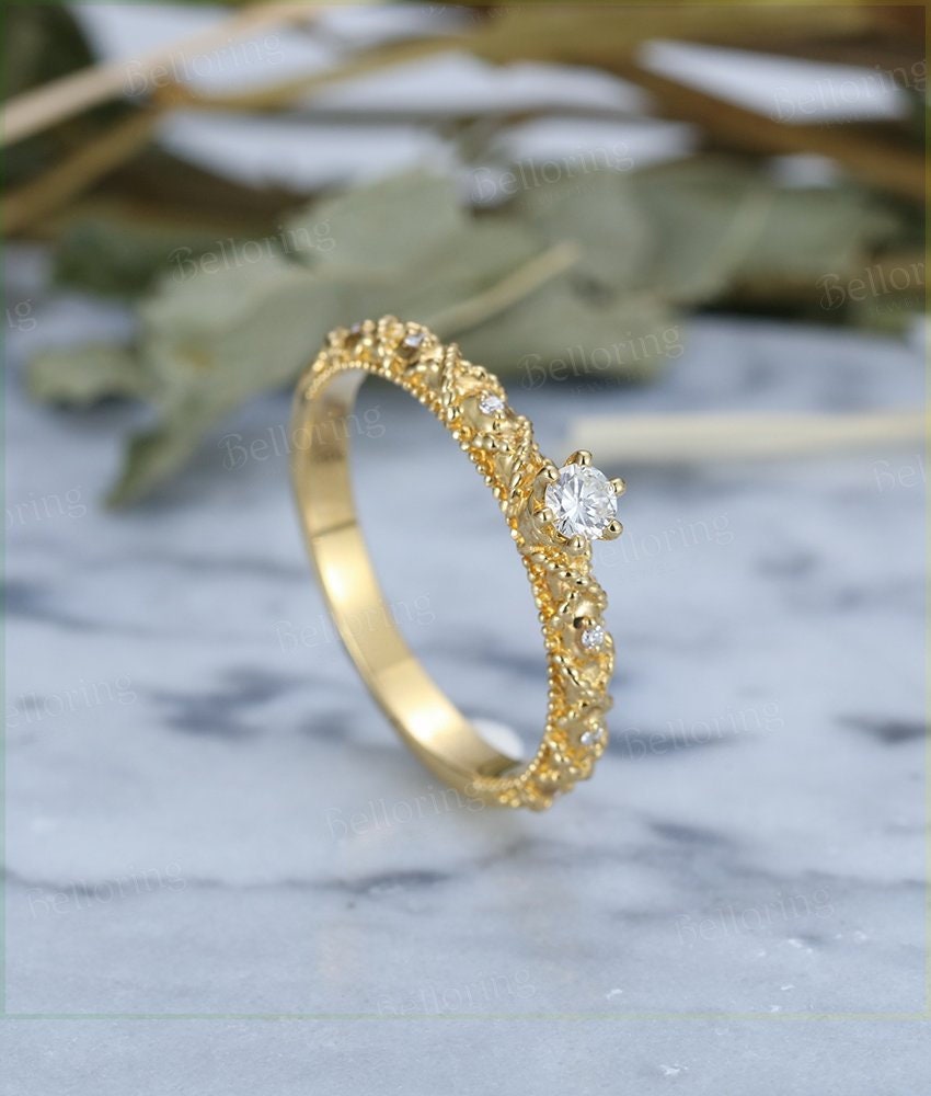 Alternative engagement ring vintage Moissanite 14k yellow gold Antique milgrain Prong set wedding  Unique Birthstone Jewelry gift