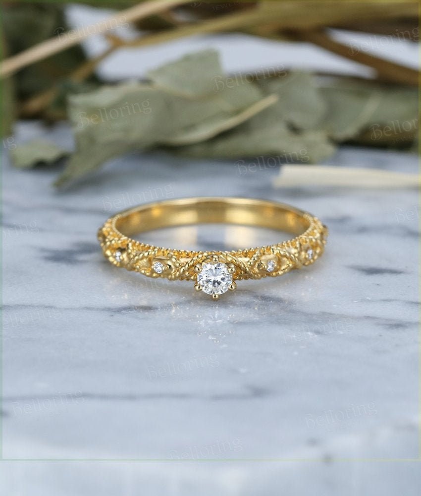 Alternative engagement ring vintage Moissanite 14k yellow gold Antique milgrain Prong set wedding  Unique Birthstone Jewelry gift