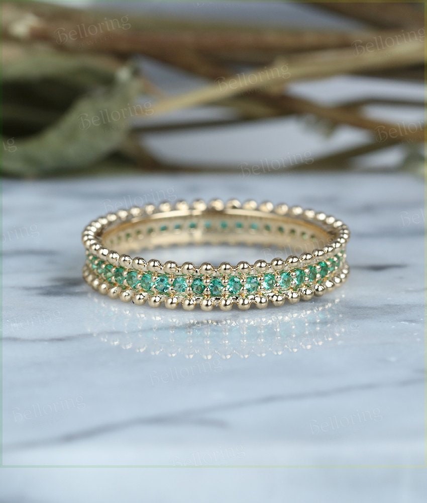 Emerald wedding band  14k yellow gold  Unique full eternity Antique Stacking ring milgrain Bridal Jewelry Anniversary Gift for her