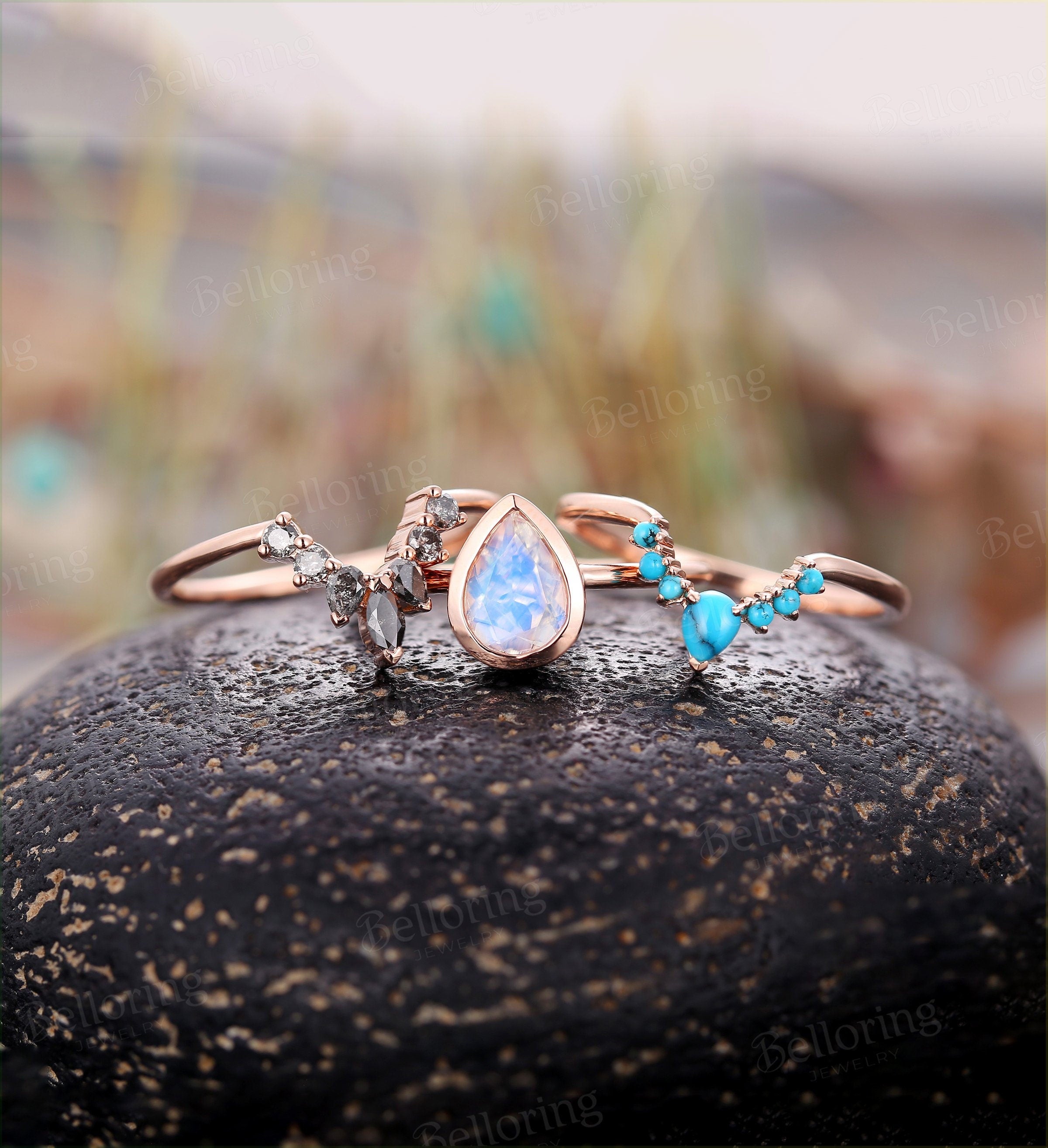 Moonstone engagement ring set  Rose gold pear cut vintage salt and pepper diamond and curved  turquoise Wedding band promise ring