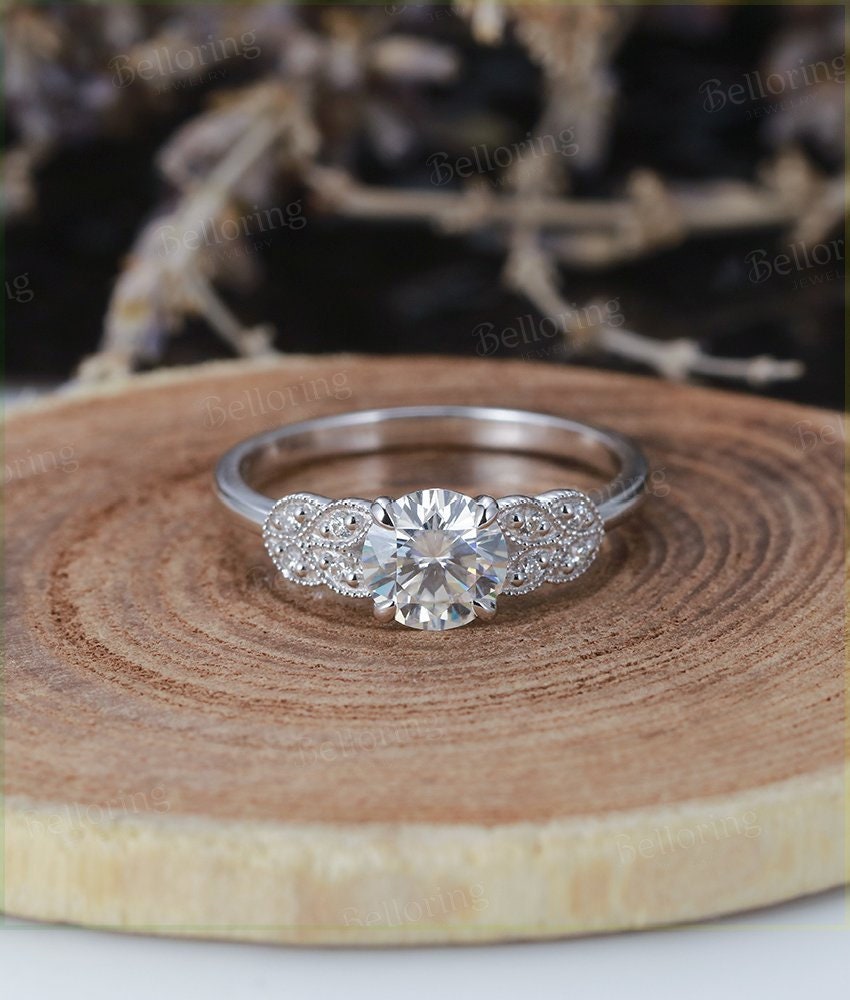 Moissanite Engagement Ring  white Gold vintage round cut diamond  unique wedding ring   Promise Anniversary wedding ring