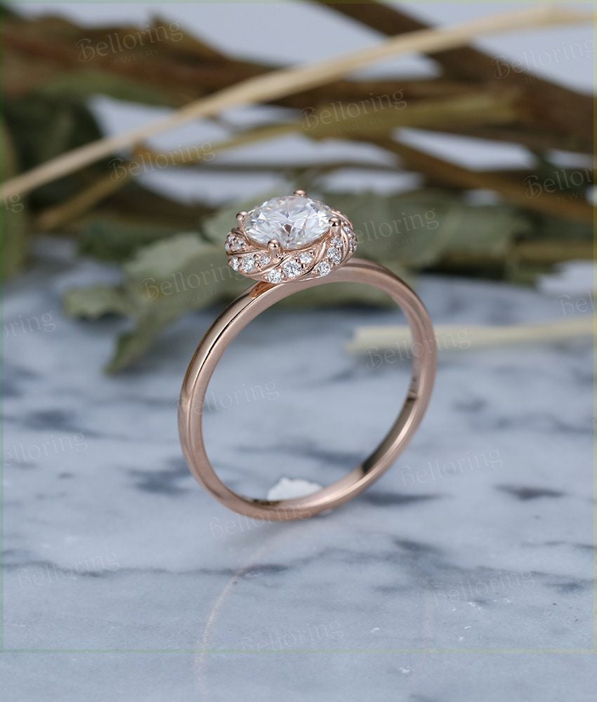 Moissanite Engagement Ring Rose Gold round Cut Vintage Halo Diamond Wedding  antique Half eternity Promise gift Bridal Jewelry  Anniversary