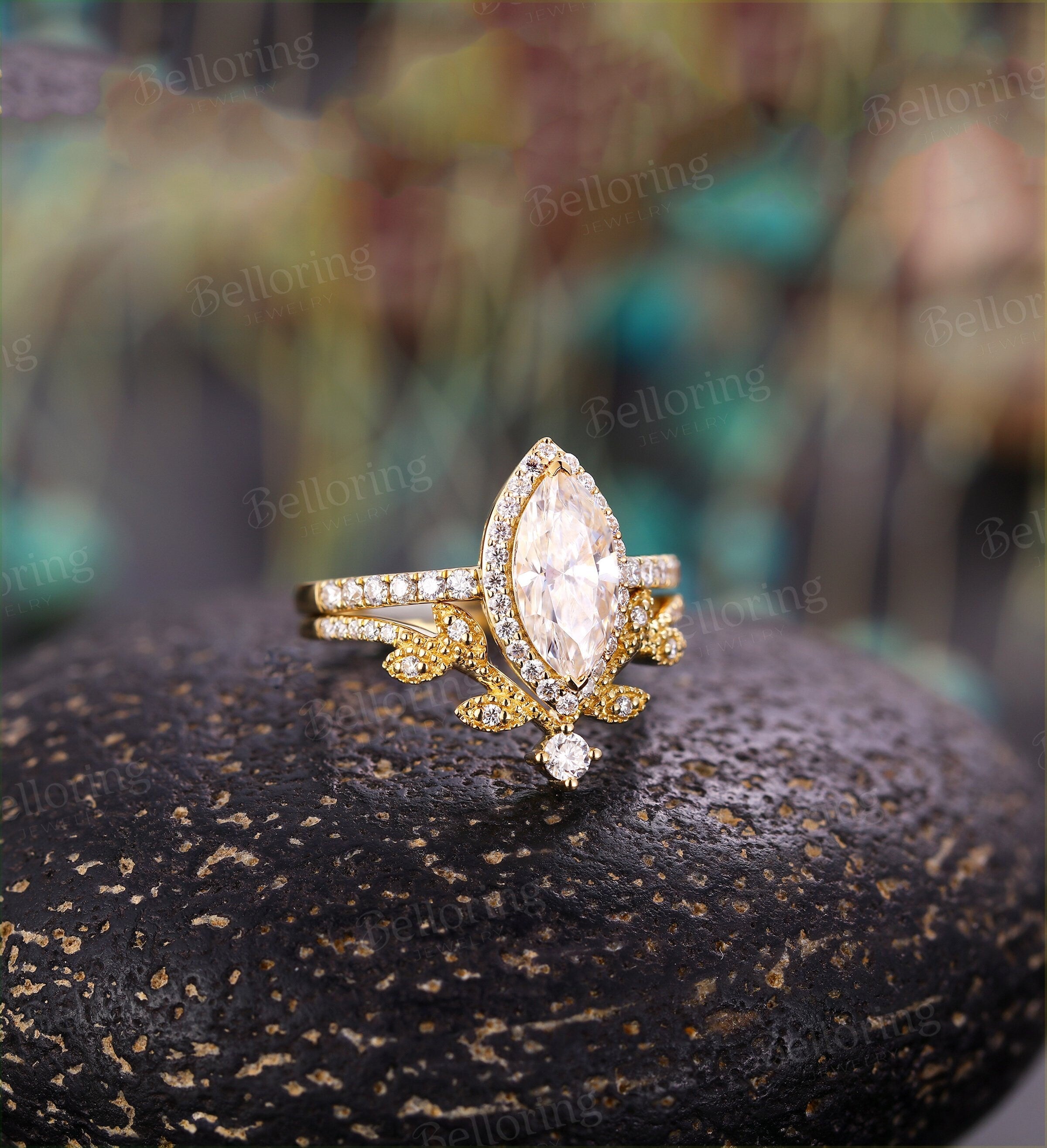 Marquise cut Moissanite engagement ring set vintage yellow gold halo half eternity leaf Wedding band  Jewelry Anniversary wedding ring