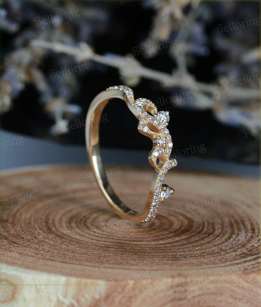 14k yellow Gold wedding band  diamond ring bridal set half eternity band cluster dainty  promise anniversary wedding ring