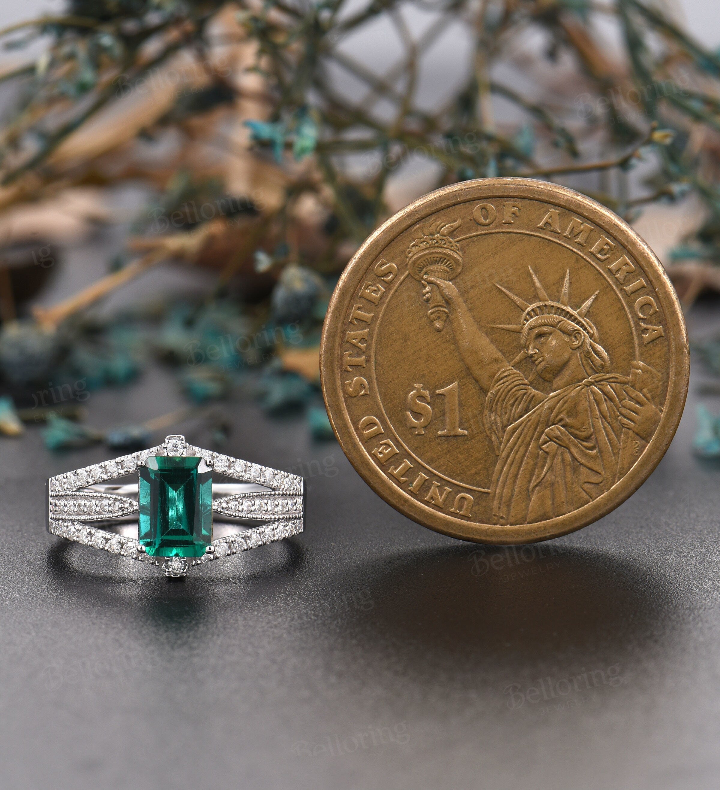 Emerald engagement ring rose gold Emerald cut vintage Halo moissanite Half eternity Wedding  Bridal Jewelry Anniversary wedding ring