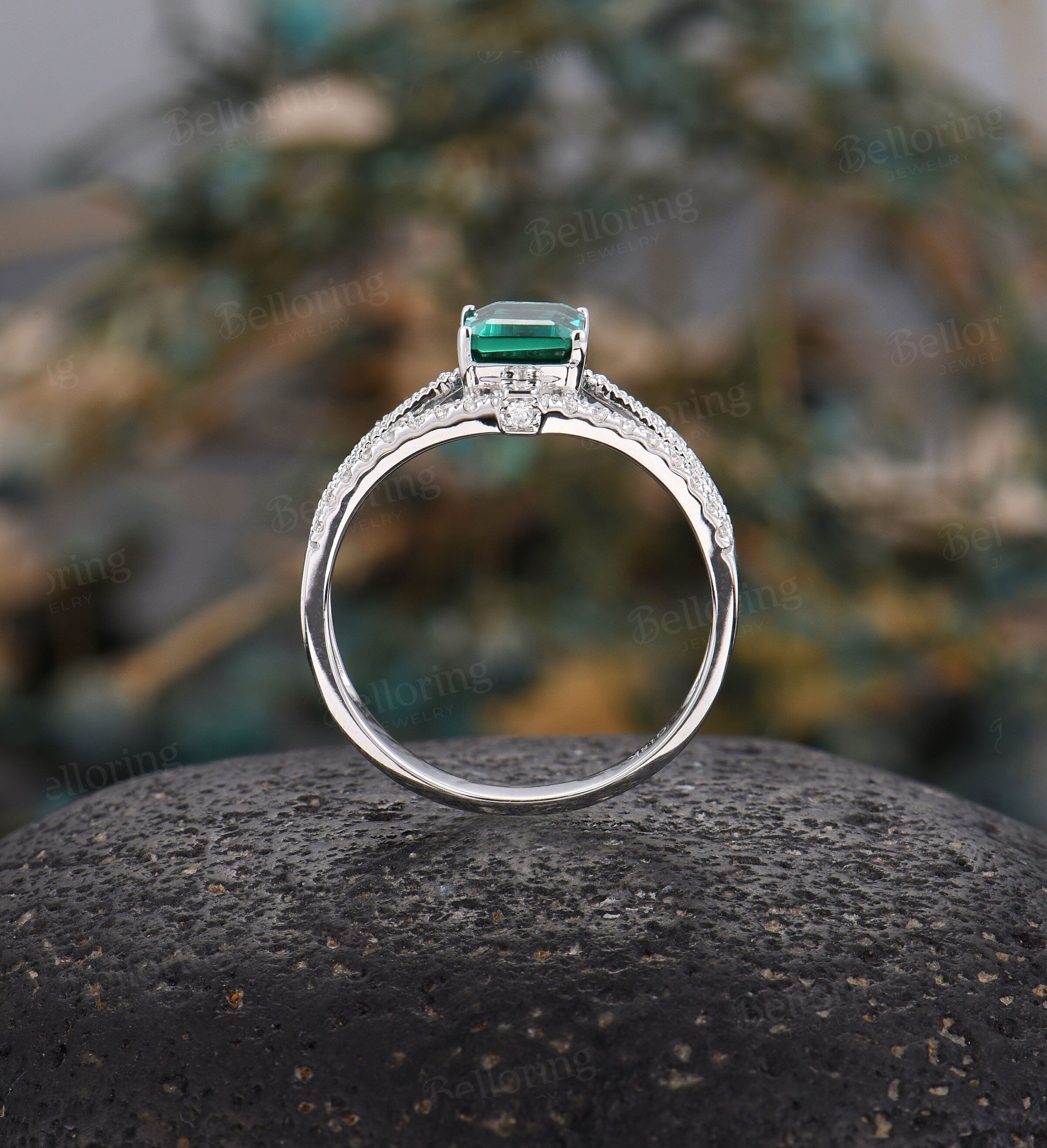 Emerald engagement ring rose gold Emerald cut vintage Halo moissanite Half eternity Wedding  Bridal Jewelry Anniversary wedding ring