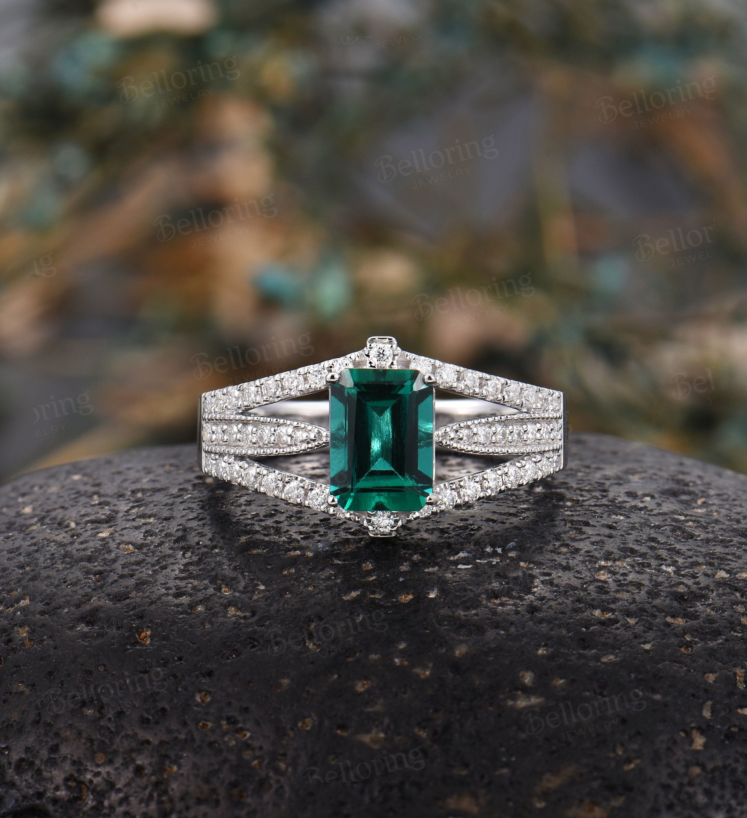 Emerald engagement ring rose gold Emerald cut vintage Halo moissanite Half eternity Wedding  Bridal Jewelry Anniversary wedding ring