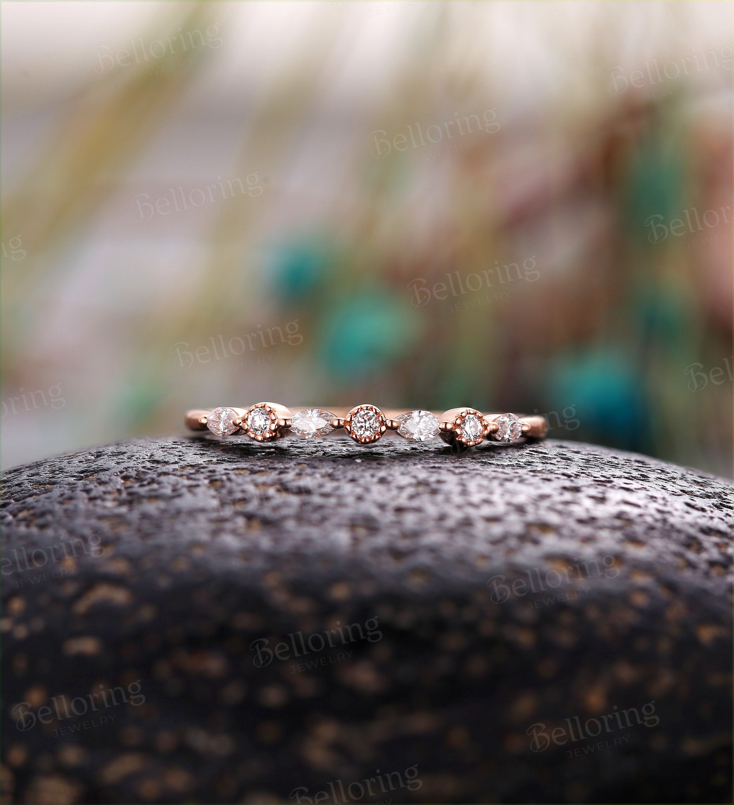 Art deco diamond ring vintage rose gold wedding band Half eternity milgrain ring antique marquise dainty Promise Matching band wedding ring