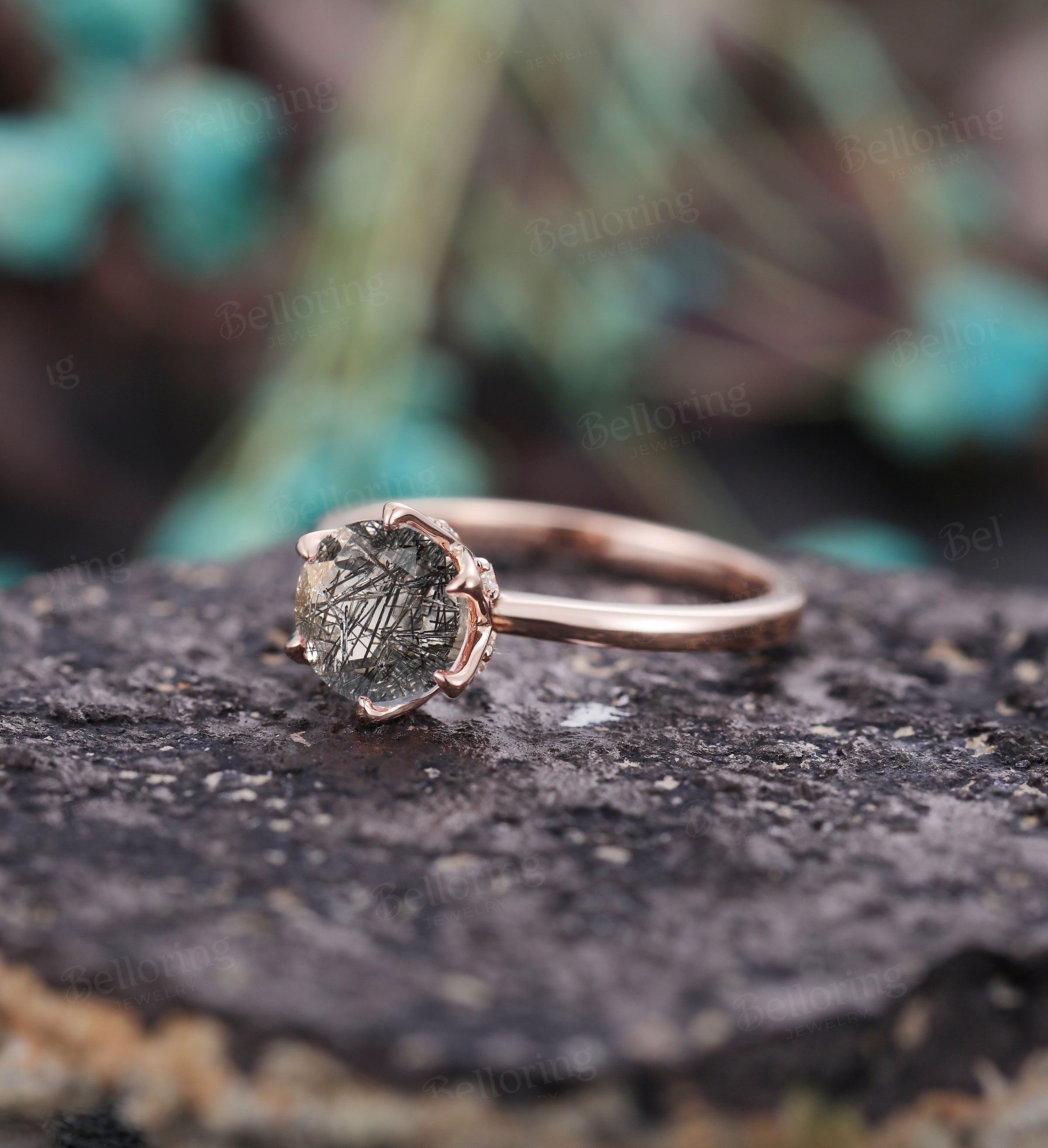 Black Rutilated Quartz engagement ring vintage prong set unique rose gold ring diamond art deco Wedding solitaire anniversary wedding ring