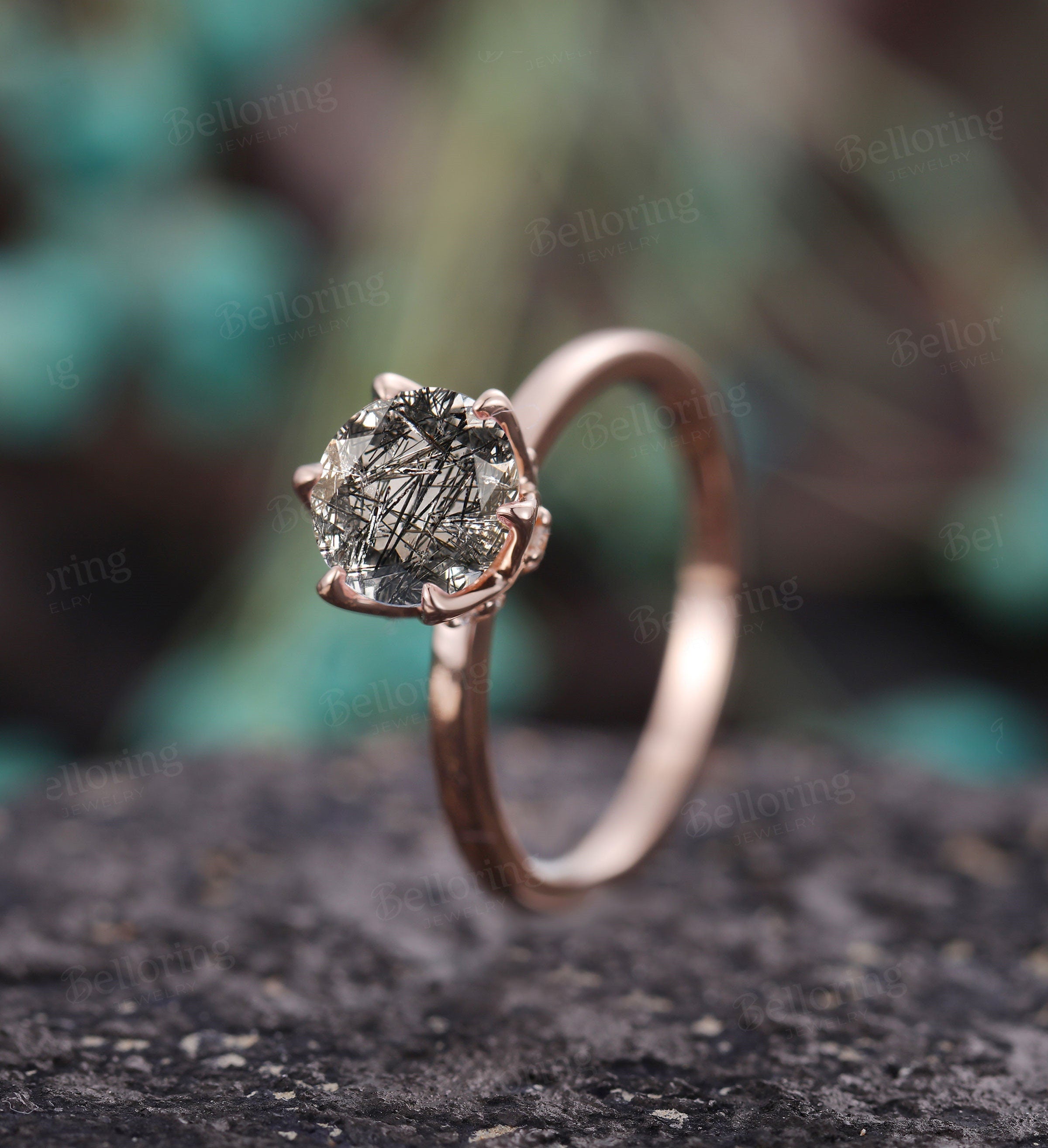 Black Rutilated Quartz engagement ring vintage prong set unique rose gold ring diamond art deco Wedding solitaire anniversary wedding ring