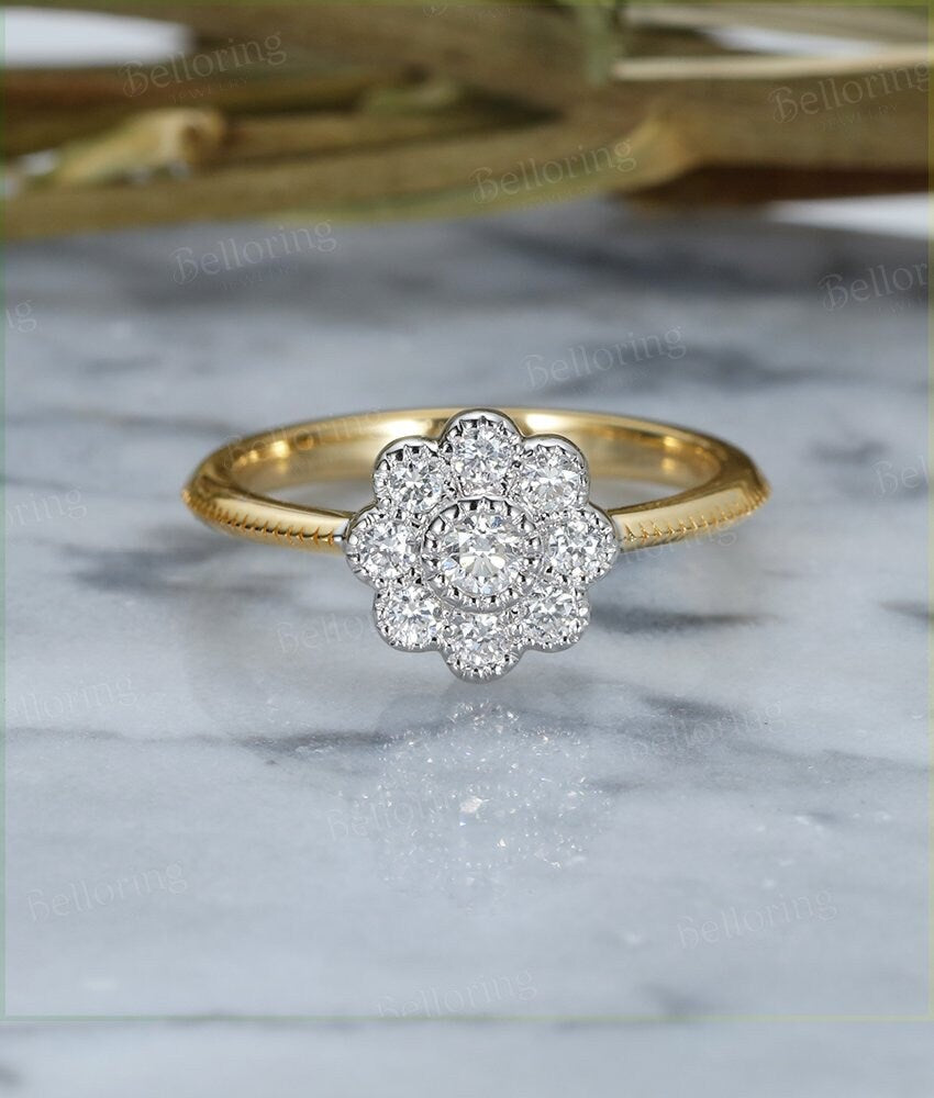 Diamond engagement ring 14k yellow gold halo vintage  wedding  flower  Bridal Jewelry Unique Antique Promise Anniversary wedding ring