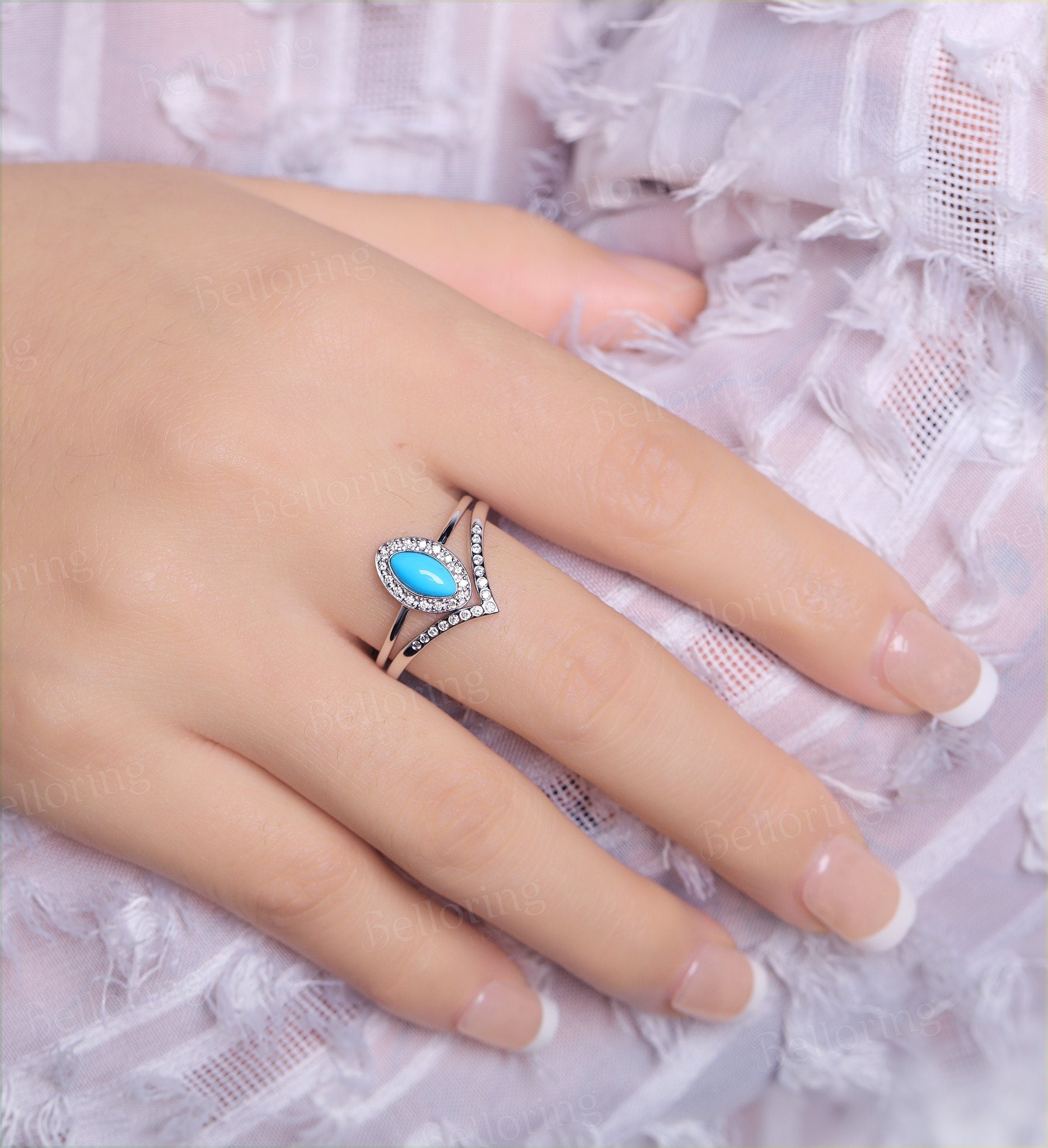 Marquise shaped turquoise engagement ring set vintage white gold halo diamond chevron Wedding band  Antique Promise wedding ring