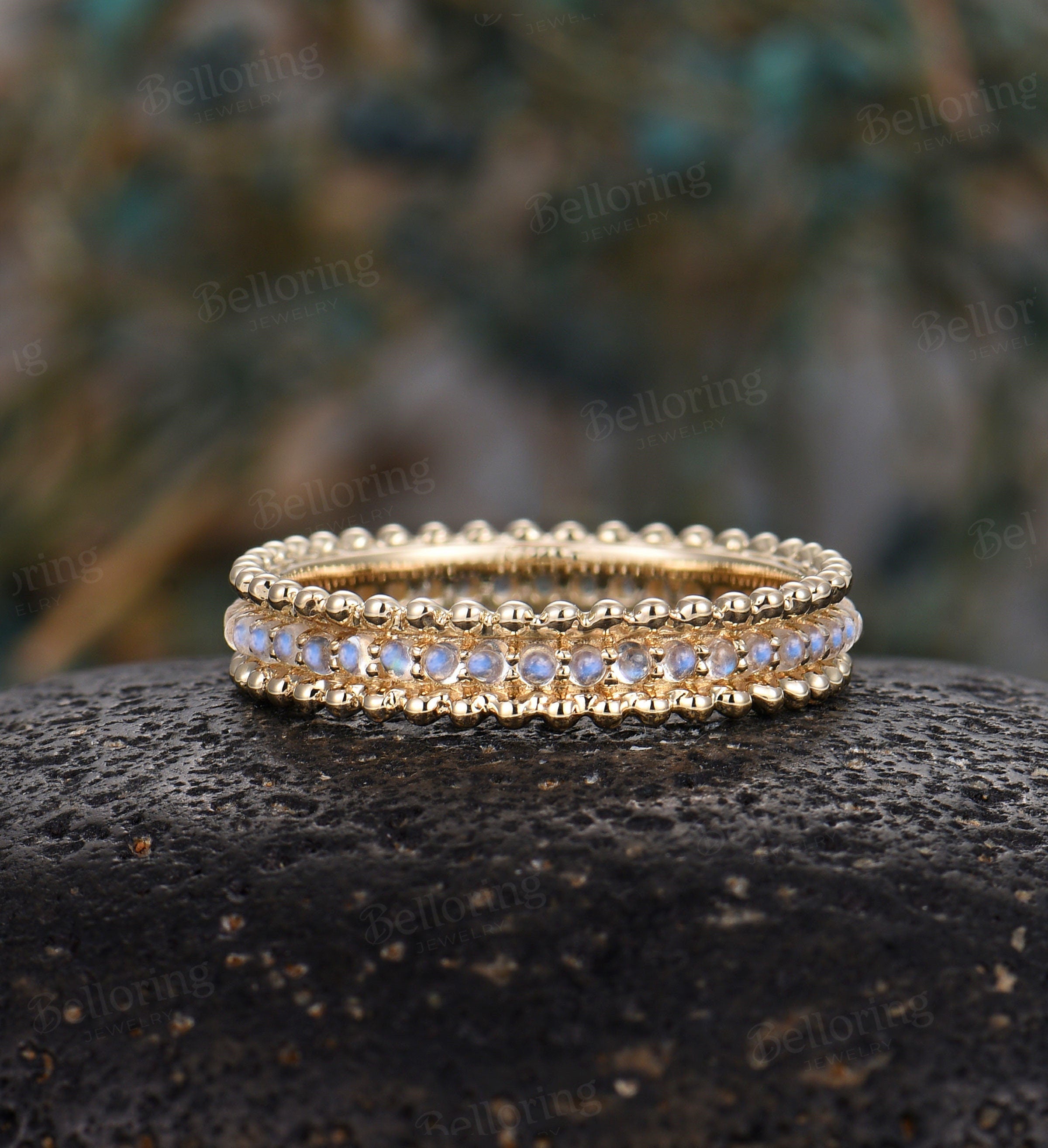 Moonstone wedding band 14k yellow gold Unique full eternity Antique Stacking ring milgrain Bridal Jewelry Anniversary band