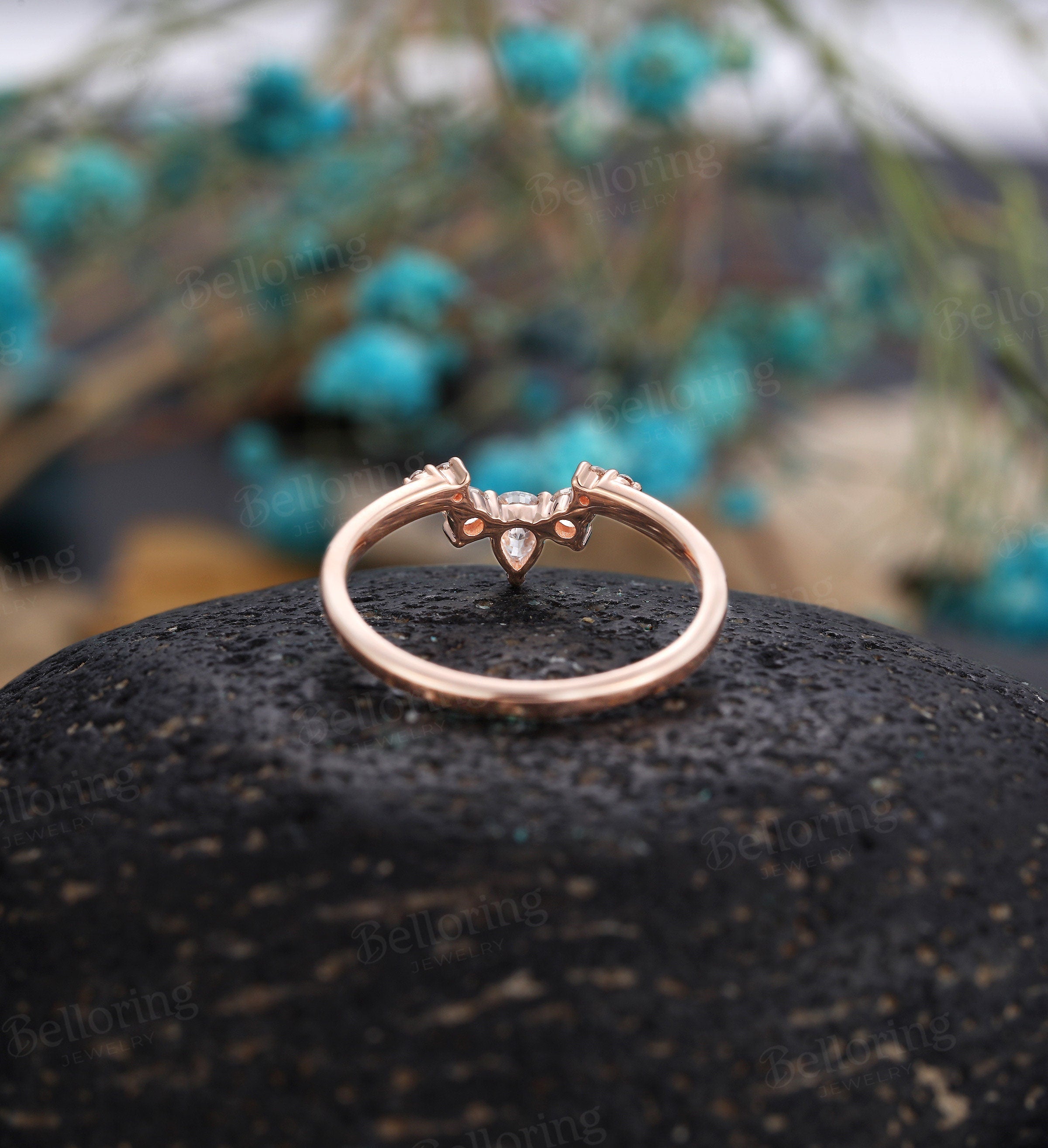 Moissanite/Diamond Curved wedding band art deco rose gold wedding ring Vintage pear cut Antique Solid 14K Matching Promise Anniversary ring