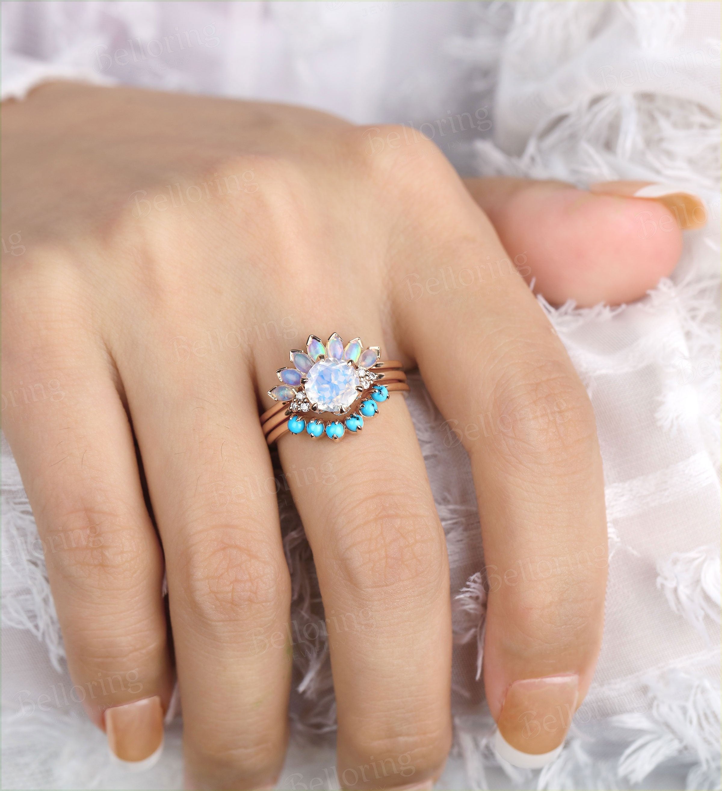 Art deco Moonstone engagement ring set Vintage Opal band rose gold Unique moissanite rings Bridal set Anniversary rings stacking rings