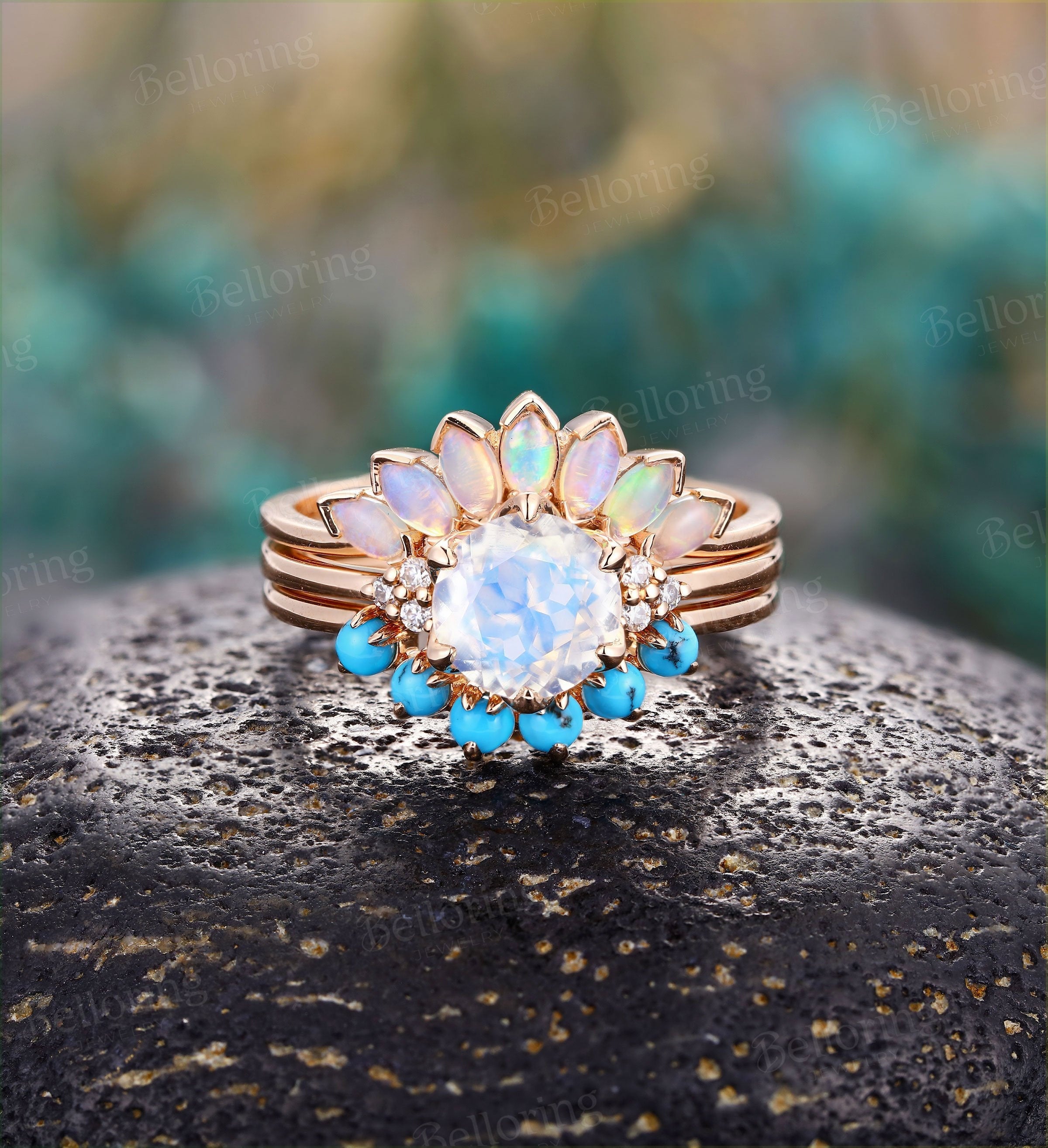 Art deco Moonstone engagement ring set Vintage Opal band rose gold Unique moissanite rings Bridal set Anniversary rings stacking rings