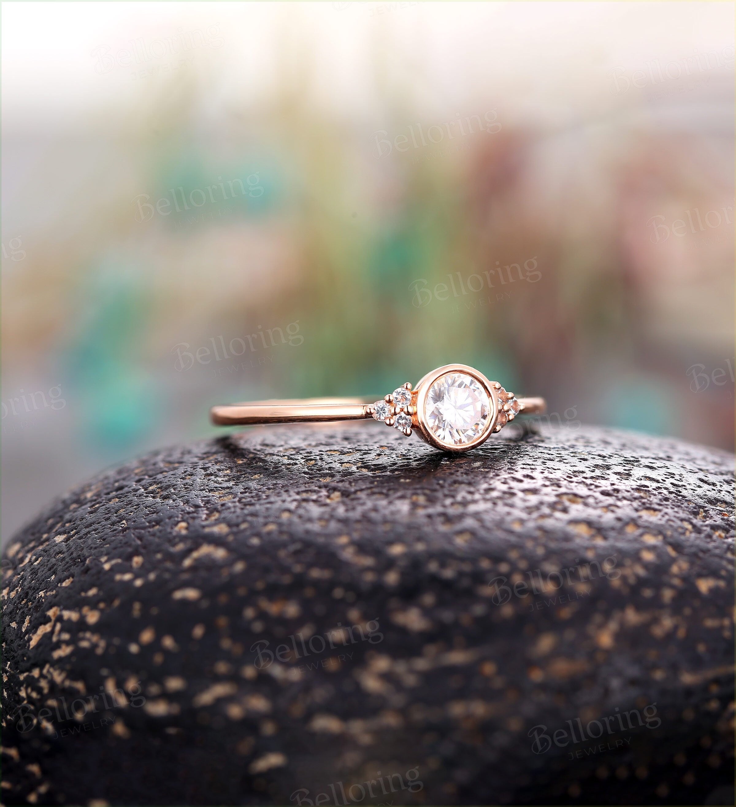 Art deco engagement ring  Vintage moissanite Topaz rose gold Unique Delicate wedding Bridal Jewelry birthstone Anniversary wedding ring