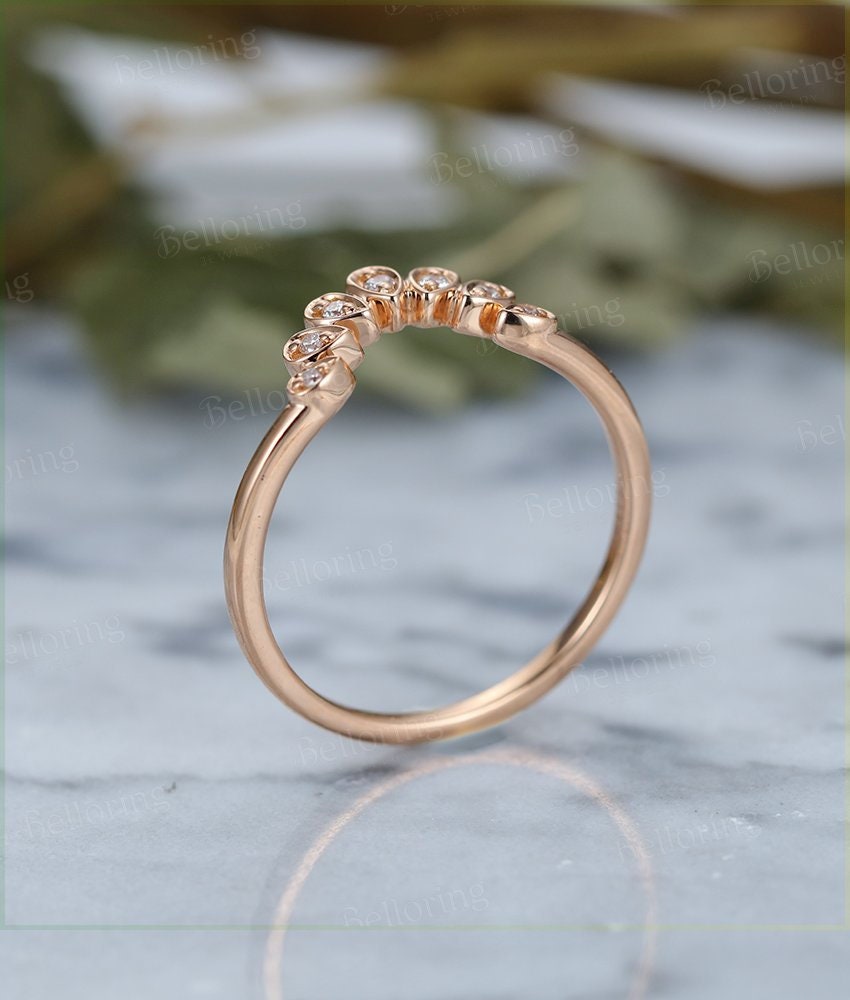 Art deco Rose gold round diamond curved Wedding band pear shape unique gifts for  antique Jewelry Anniversary wedding ring