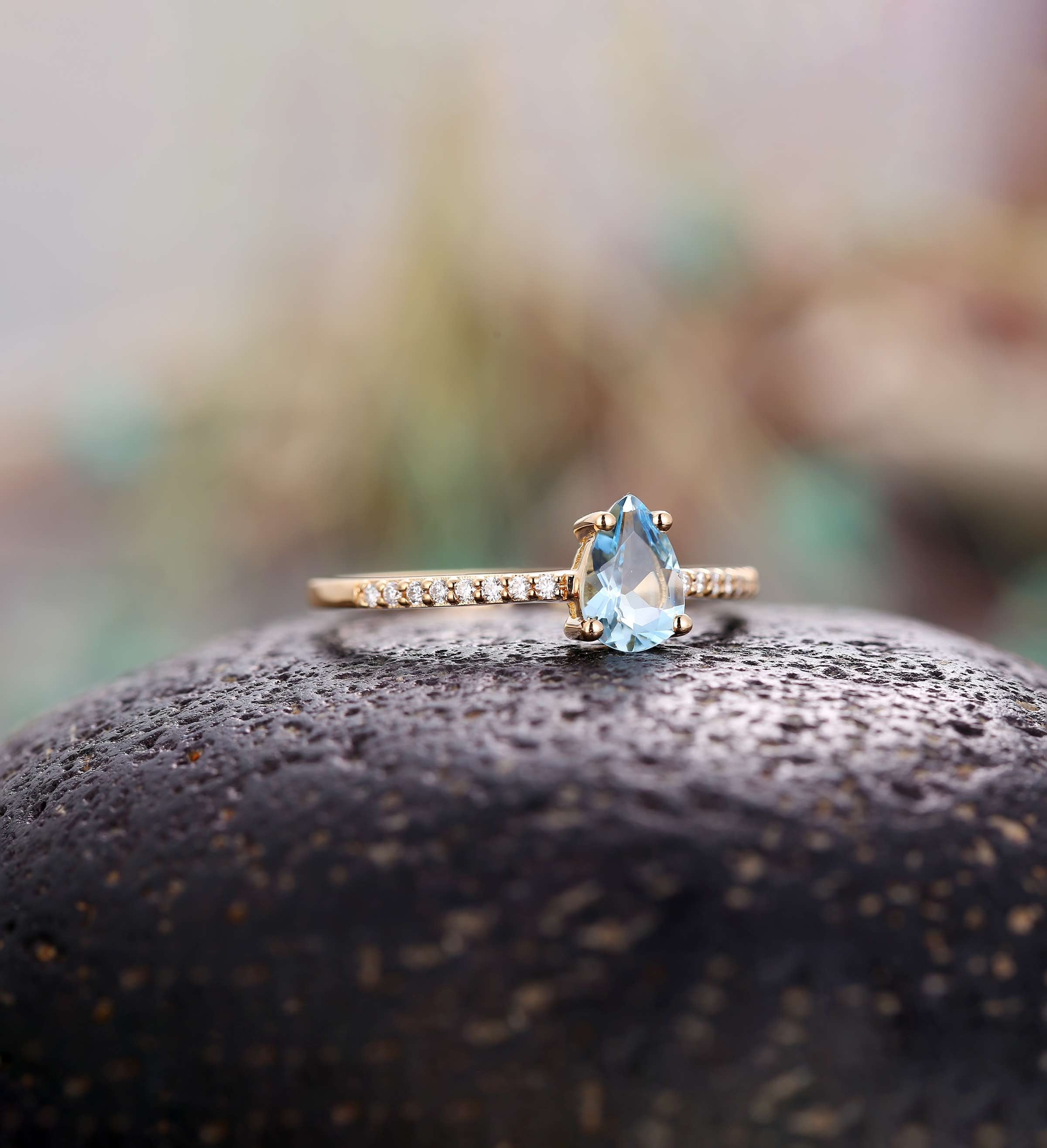 Aquamarine engagement ring 14k yellow gold pear cut vintage diamond Half eternity Wedding  Jewelry promise Anniversary wedding ring