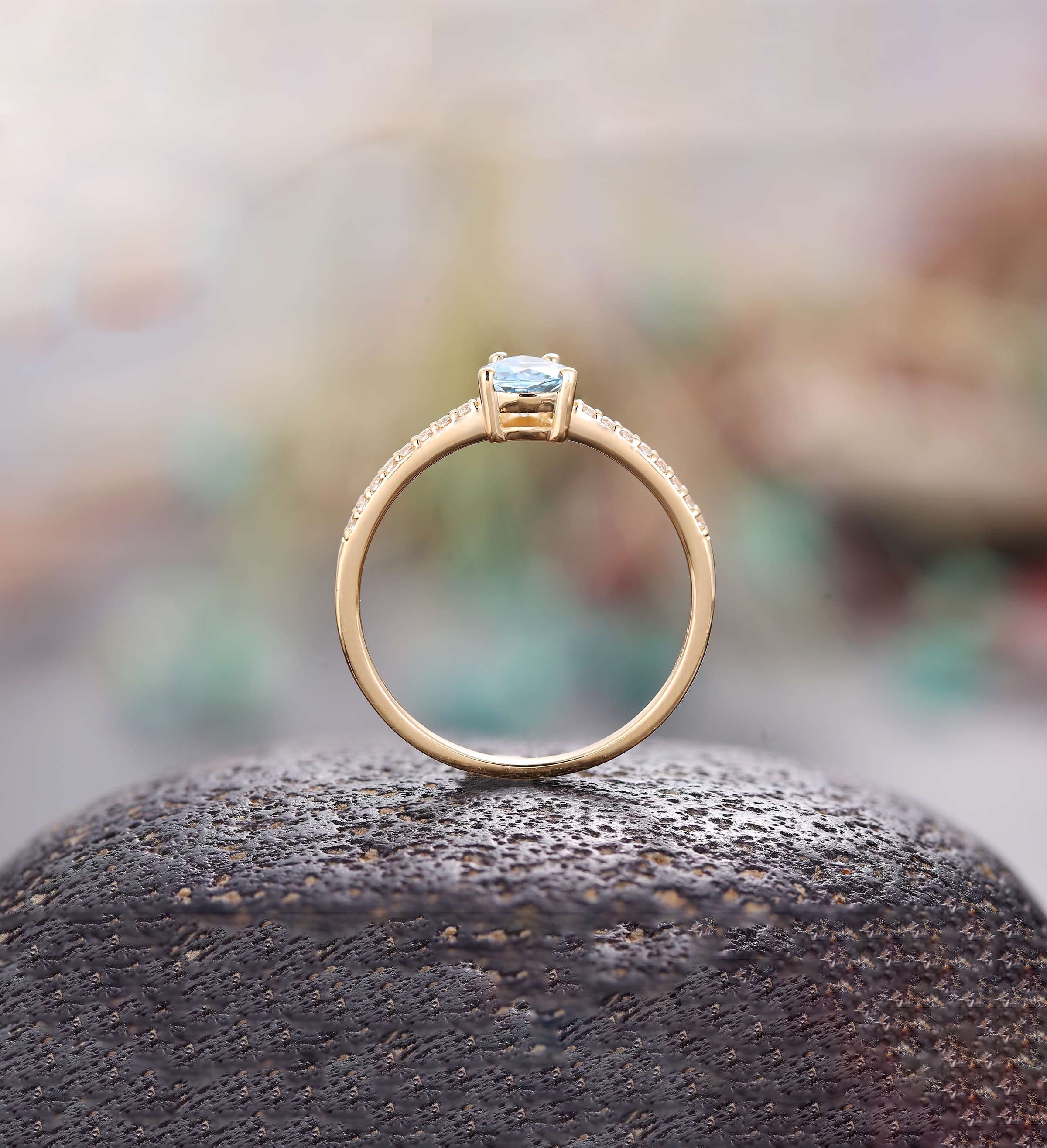 Aquamarine engagement ring 14k yellow gold pear cut vintage diamond Half eternity Wedding  Jewelry promise Anniversary wedding ring