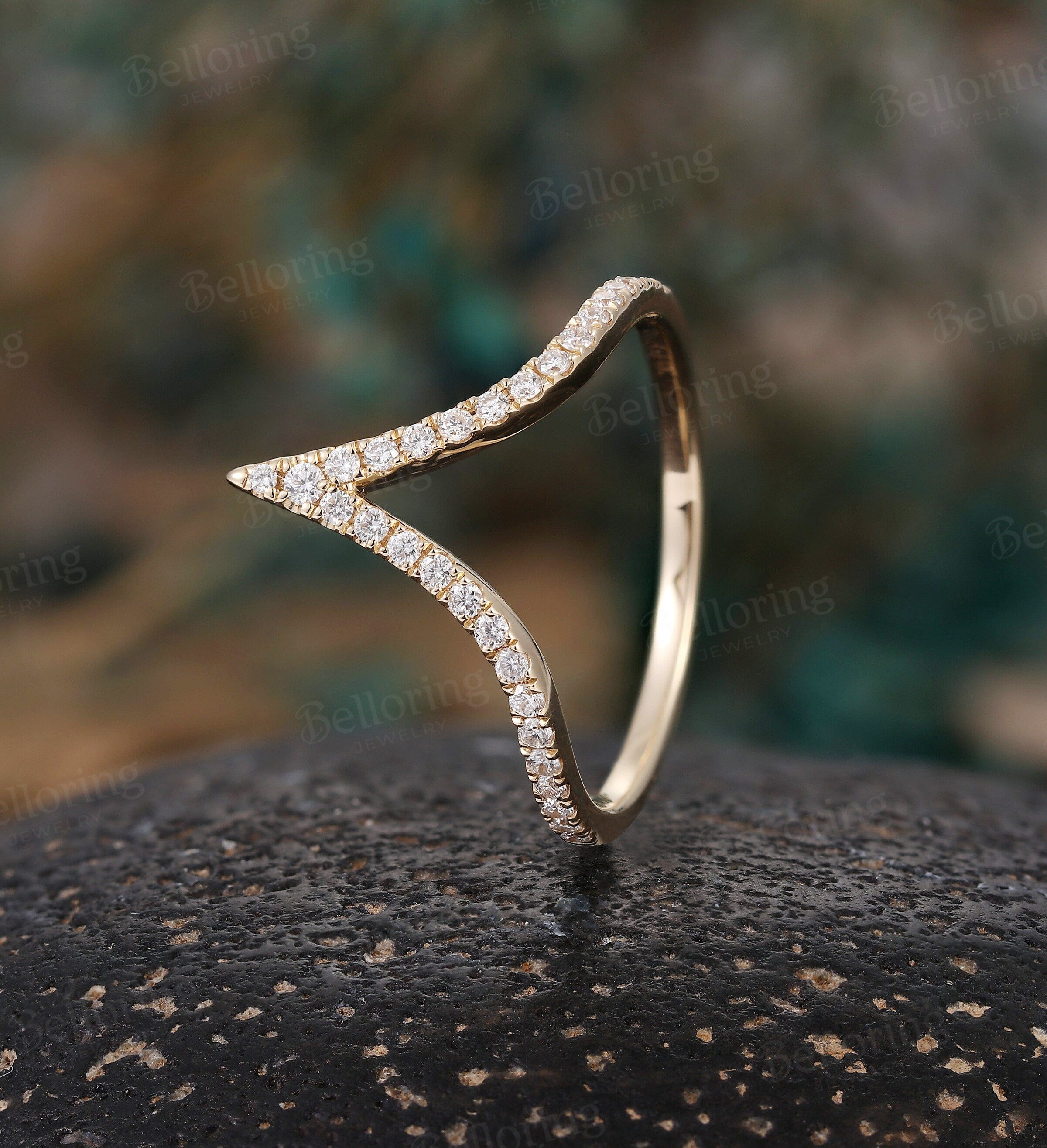 Diamond Curved wedding band Yellow gold ring Vintage Antique Solid gold round cut Matching band half eternity Promise Anniversary Gift