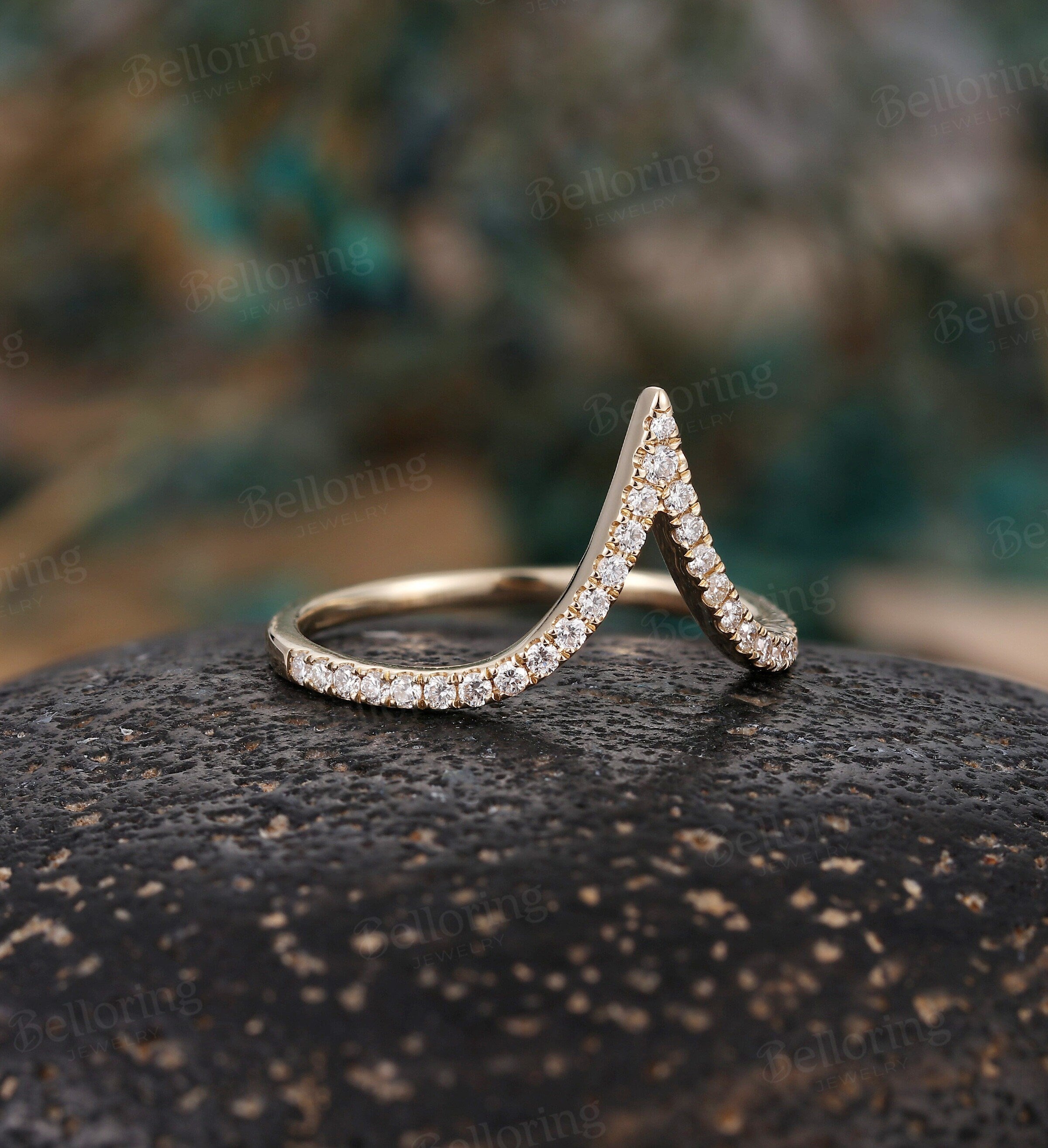 Diamond Curved wedding band Yellow gold ring Vintage Antique Solid gold round cut Matching band half eternity Promise Anniversary Gift