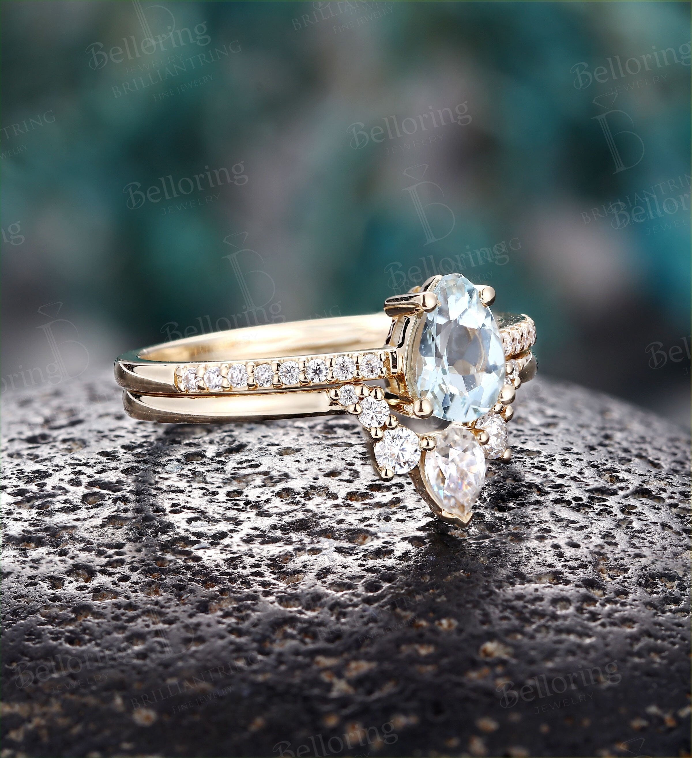 Aquamarine engagement ring set yellow gold ring set pear cut ring set vintage diamond Half eternity Wedding band Anniversary ring set