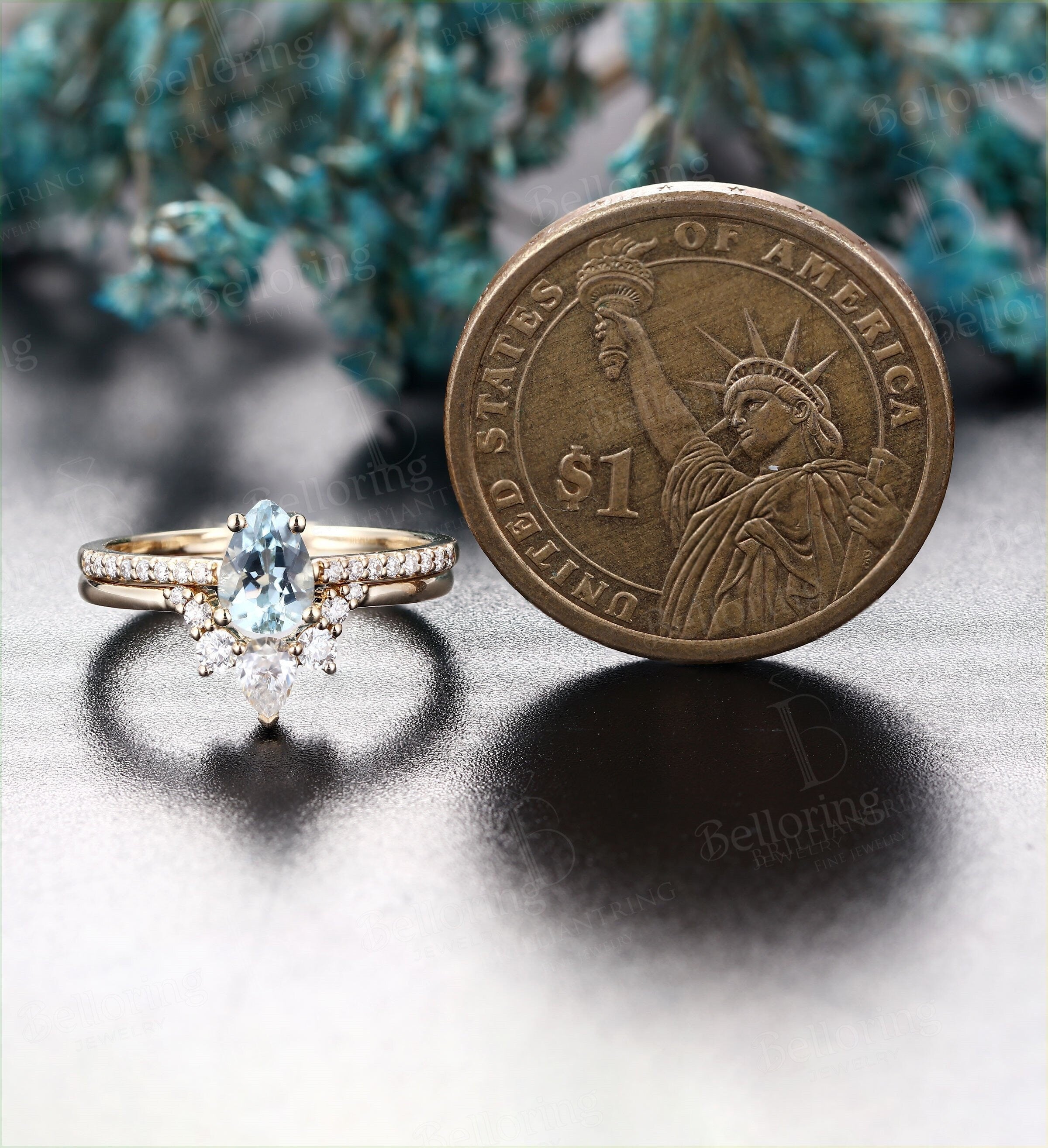 Aquamarine engagement ring set yellow gold ring set pear cut ring set vintage diamond Half eternity Wedding band Anniversary ring set