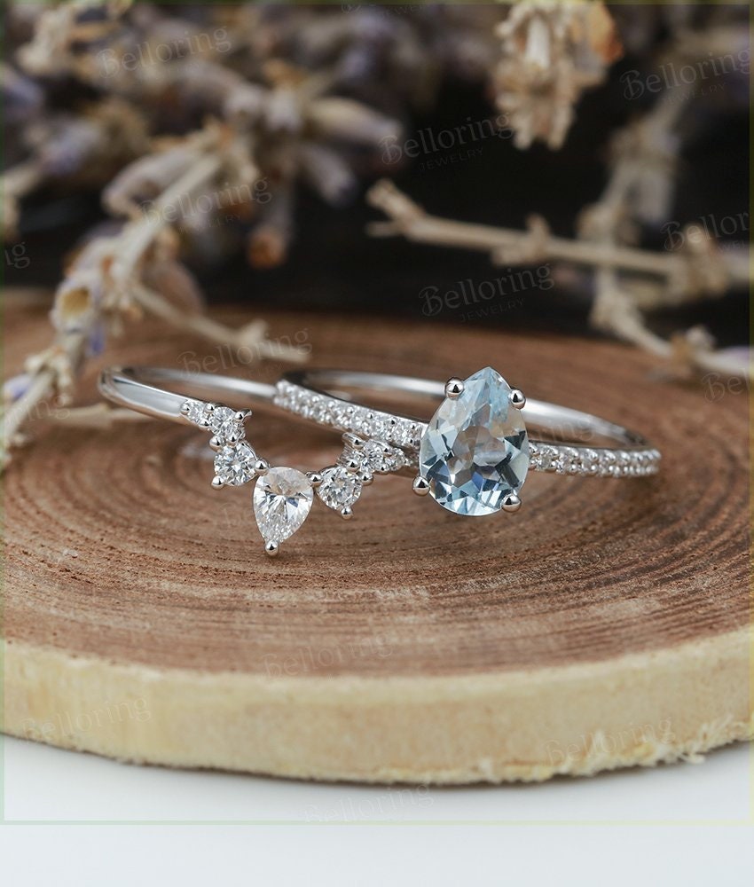 Aquamarine engagement ring set white gold ring set pear cut ring set vintage diamond Half eternity Wedding band Anniversary ring set