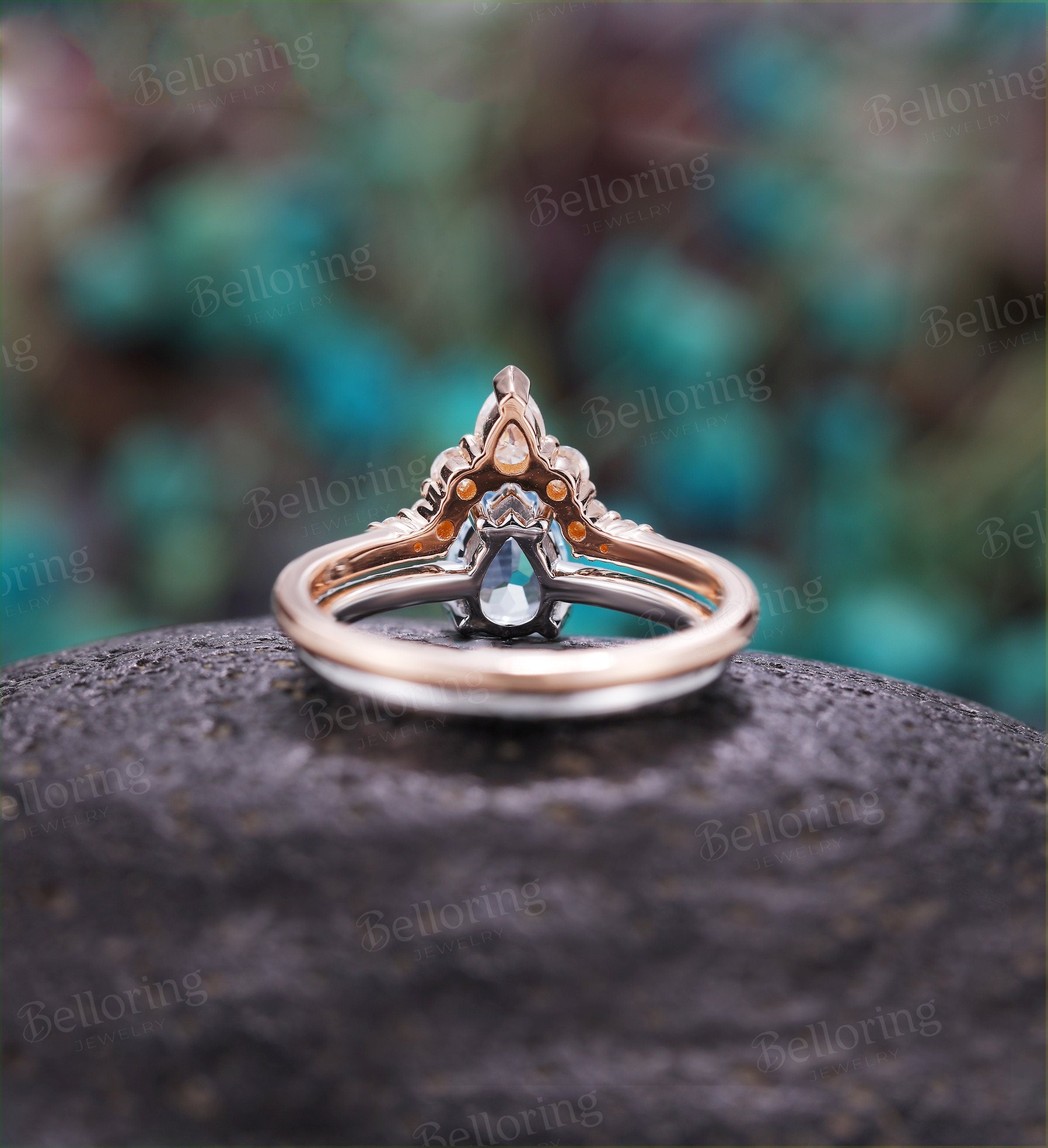 Aquamarine engagement ring 14k white & rose gold pear shaped vintage Moissanite Half eternity Wedding  antique Anniversary wedding ring