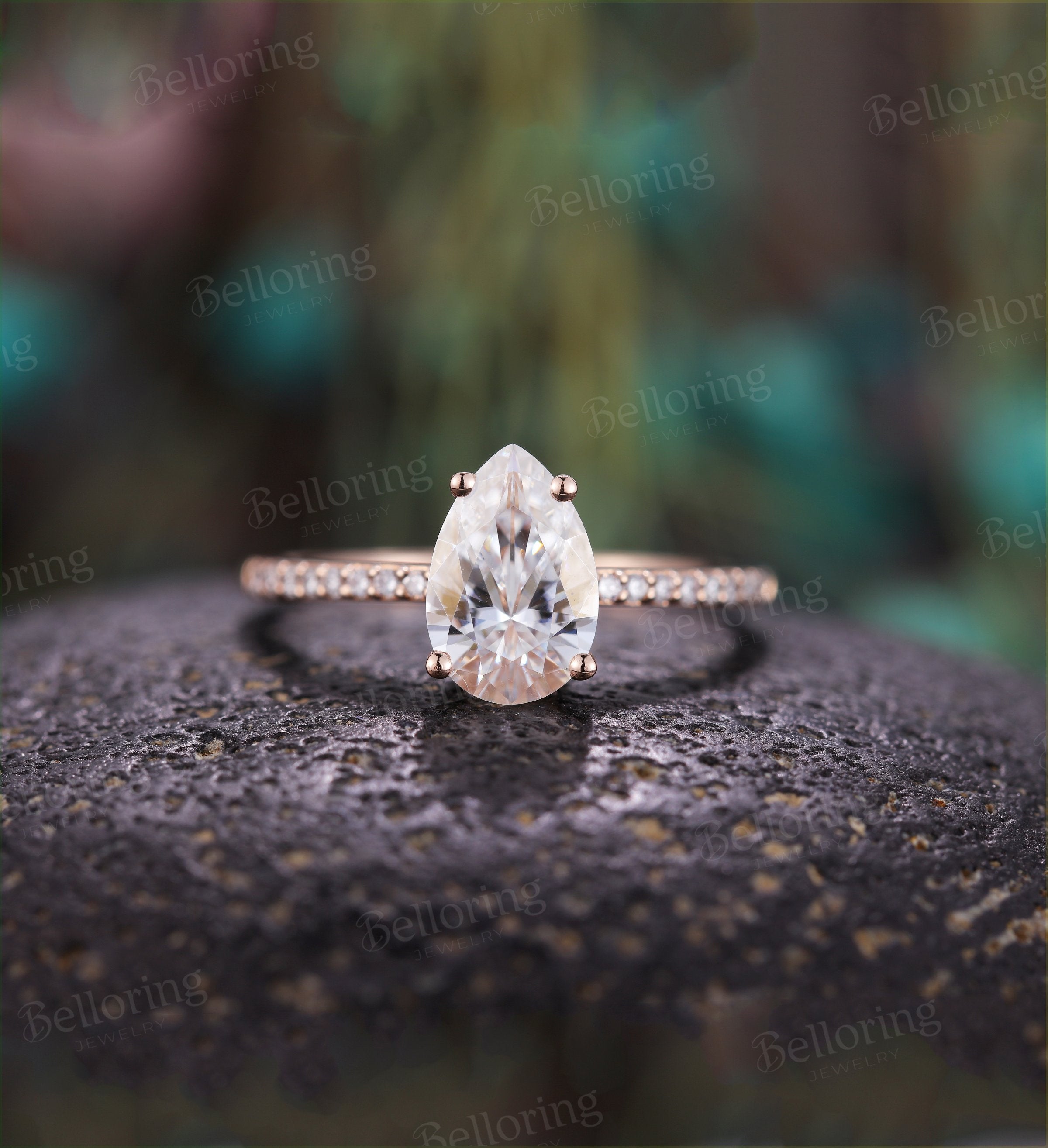 Moissanite engagement ring pear shaped vintage Half eternity prong set Wedding  antique art deco Jewelry Anniversary wedding ring