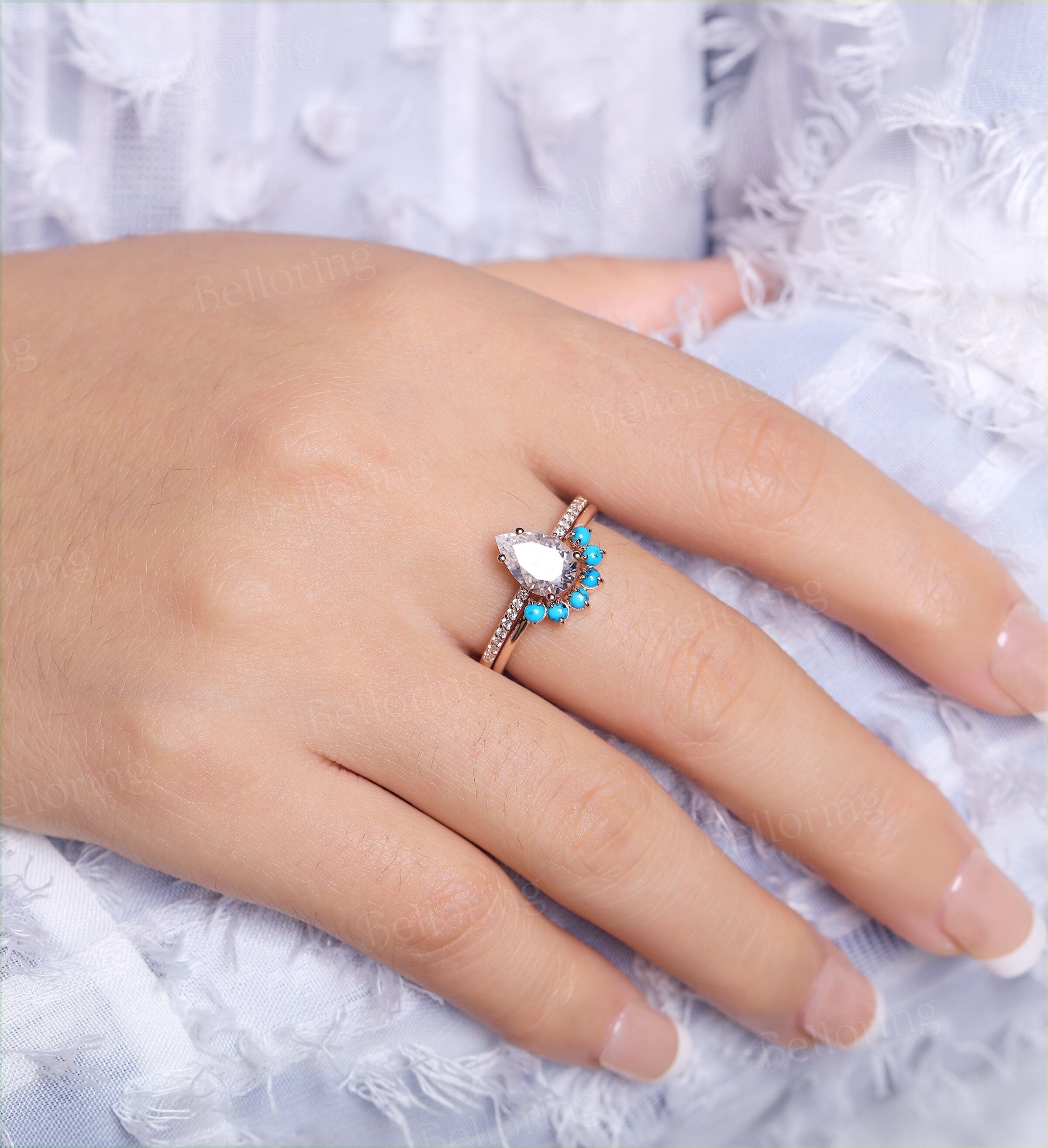 Moissanite engagement ring set pear cut vintage Half eternity turquoise Wedding ring set  antique Jewelry Anniversary wedding ring