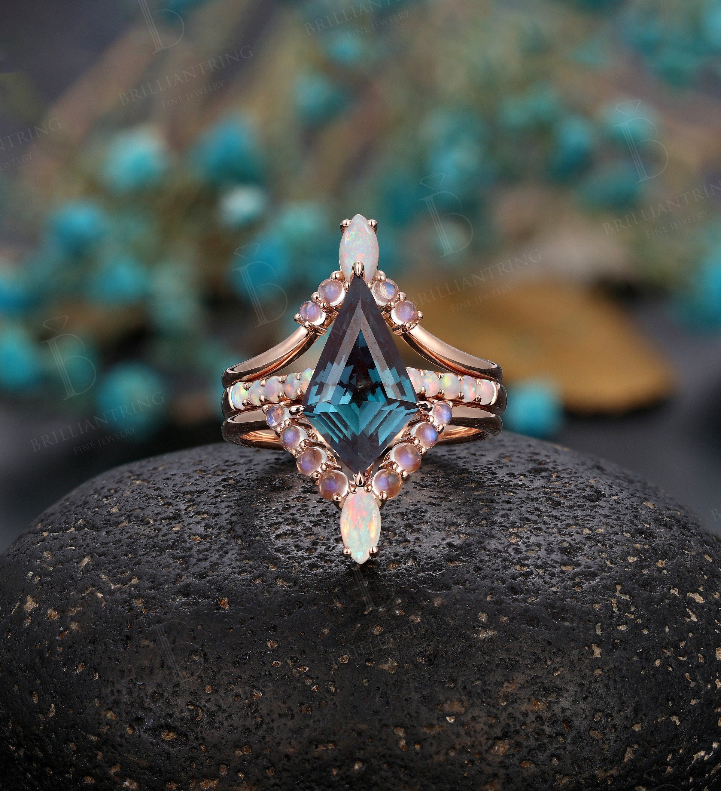 Vintage Alexandrite engagement ring set Rose gold kite cut ring set unique ring art deco Prong set Opal Milgrain Anniversary bridal set