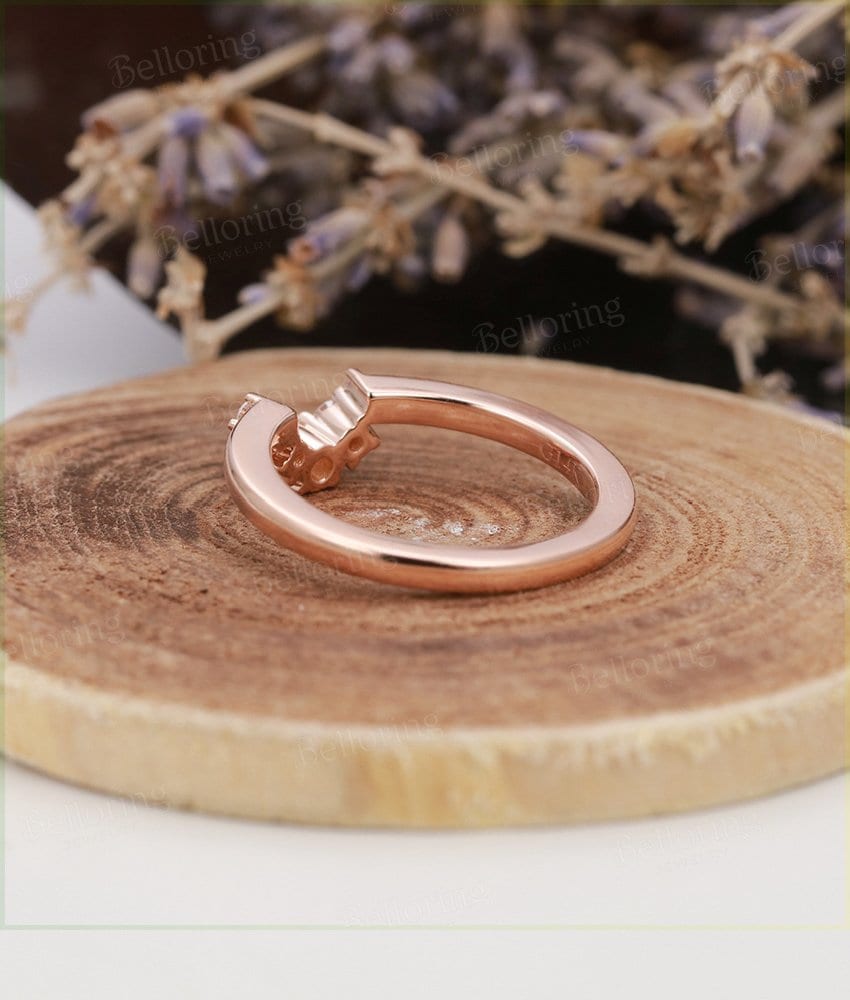 Moissanite curved 14k solid rose gold wedding band matching stacking  vintage bridal set  antique anniversary wedding ring