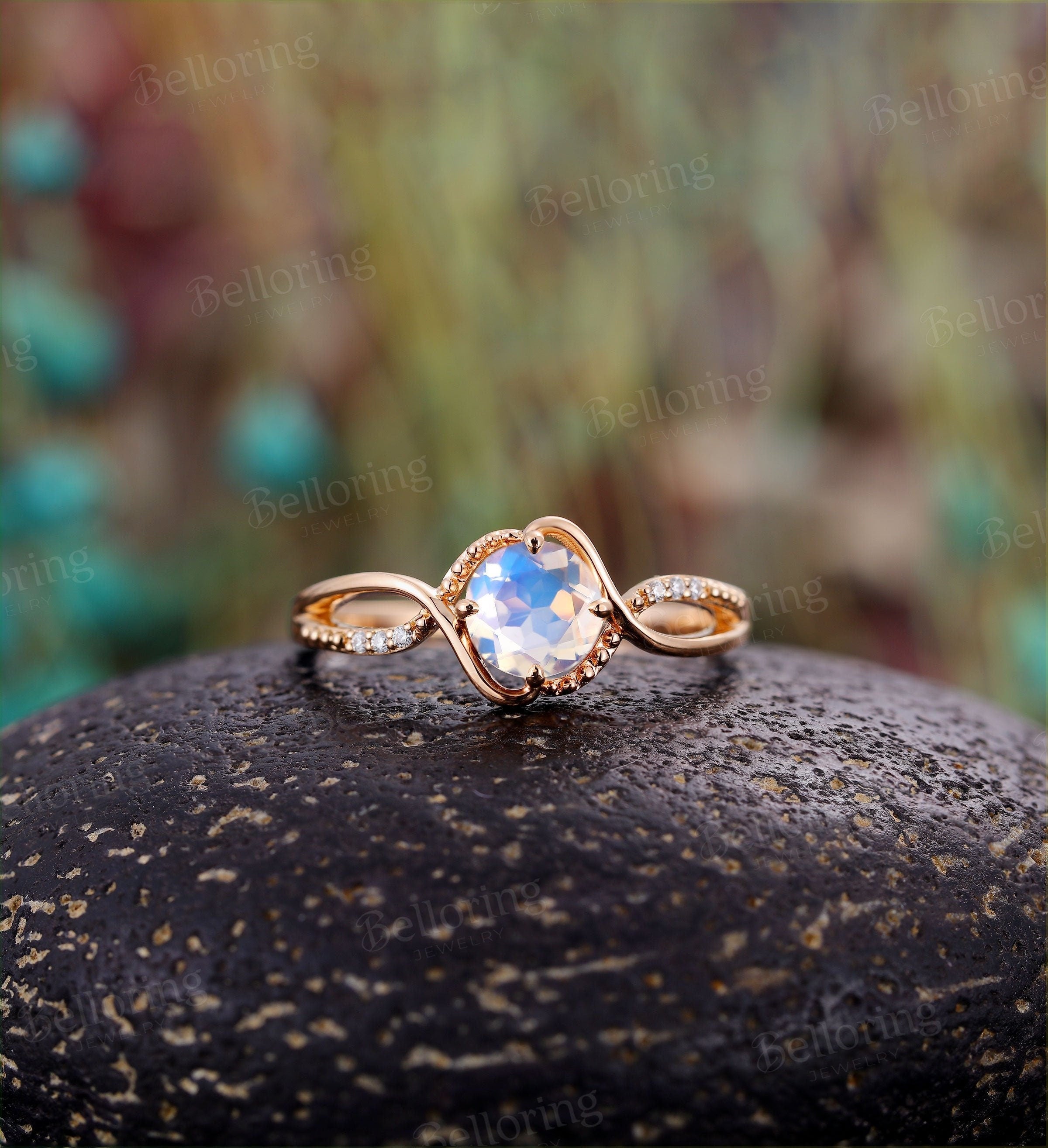 Moonstone engagement ring Vintage diamond rose gold Unique infinity ring  Art deco Jewelry birthstone promise Anniversary wedding ring