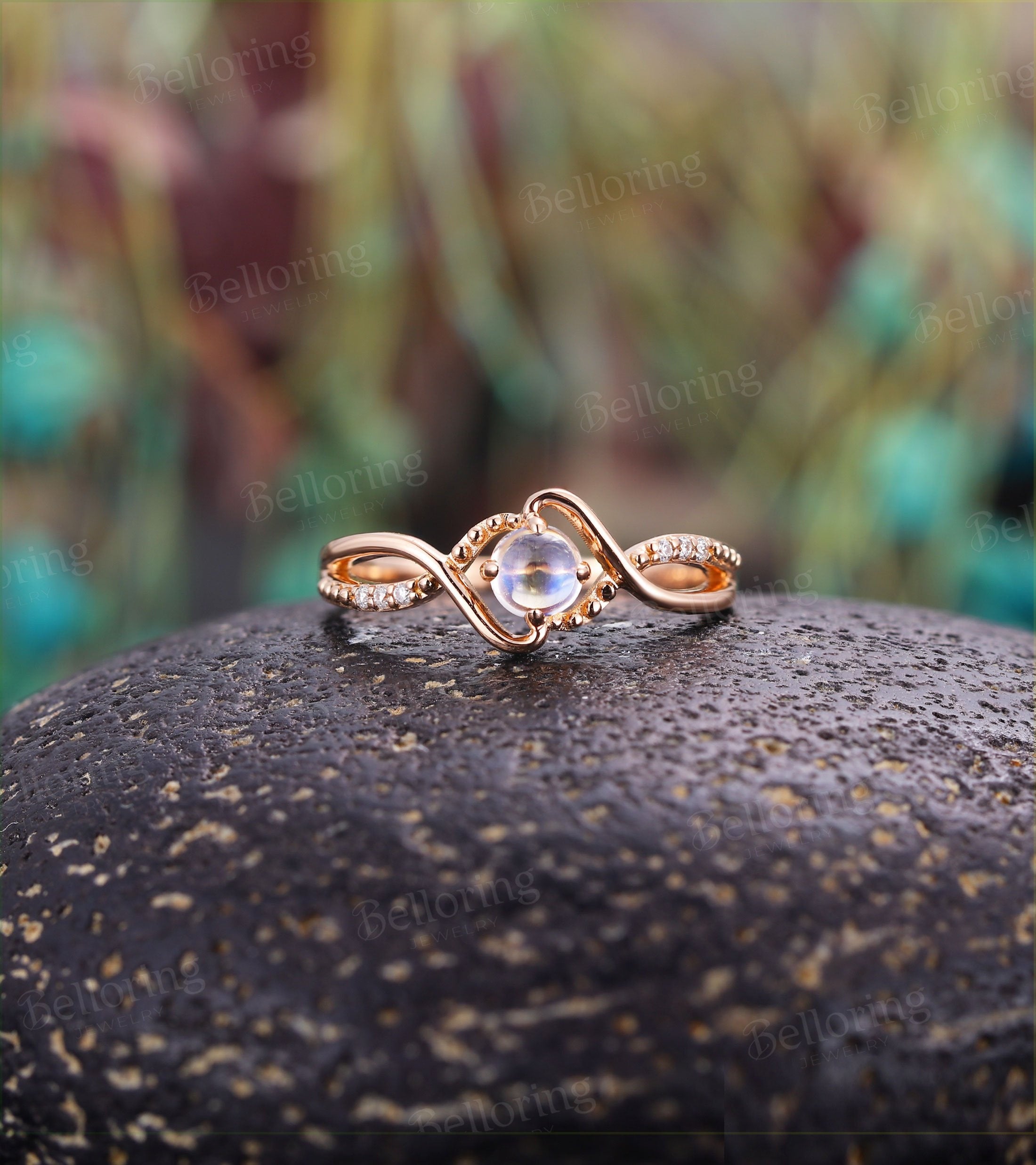 Moonstone engagement ring Vintage diamond ring twist ring rose gold ring Unique wedding ring Art deco ring antique ring Anniversary ring