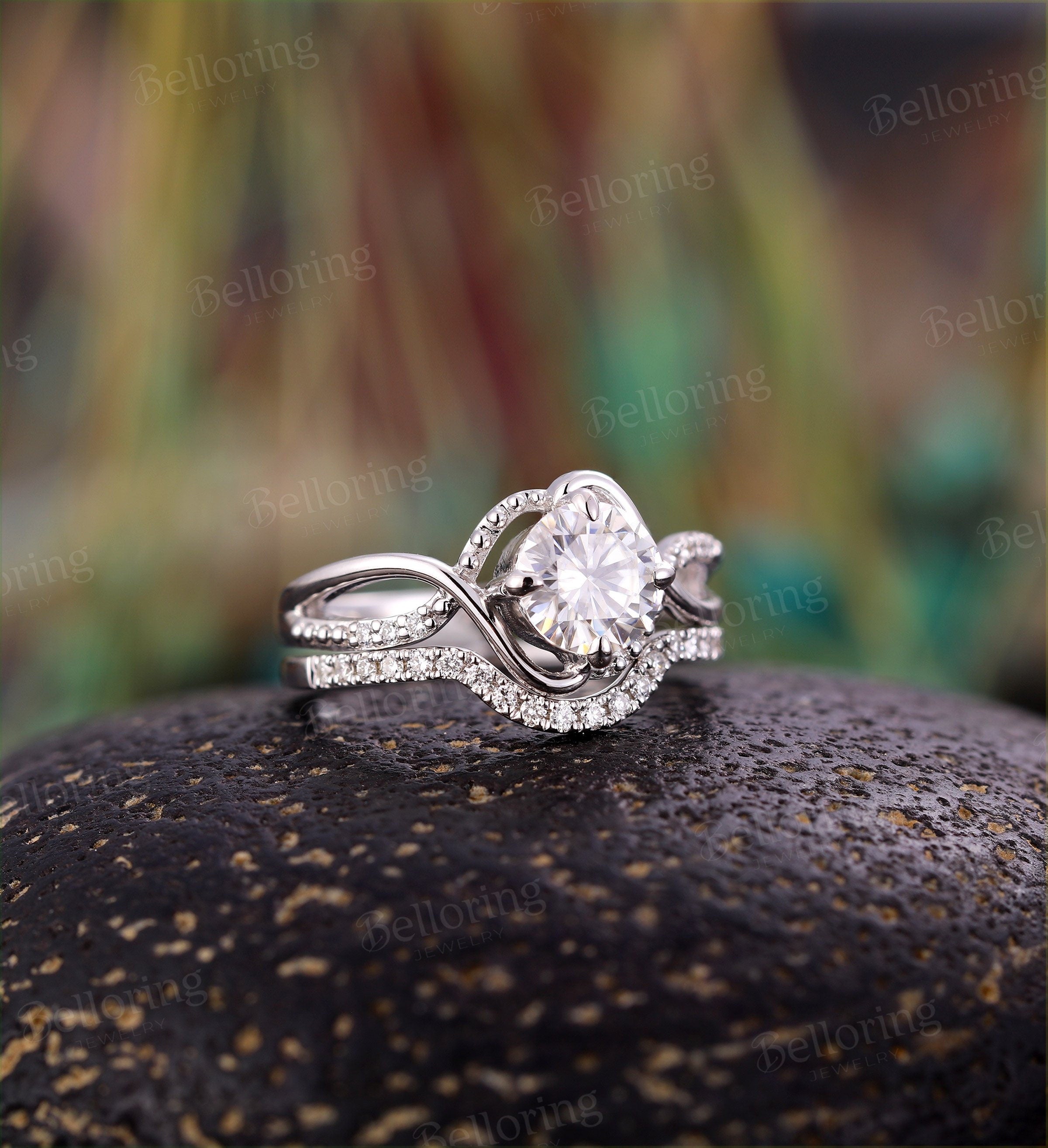 Moissanite engagement ring set Vintage white gold Unique infinity ring half eternity Art deco Jewelry promise Anniversary wedding ring