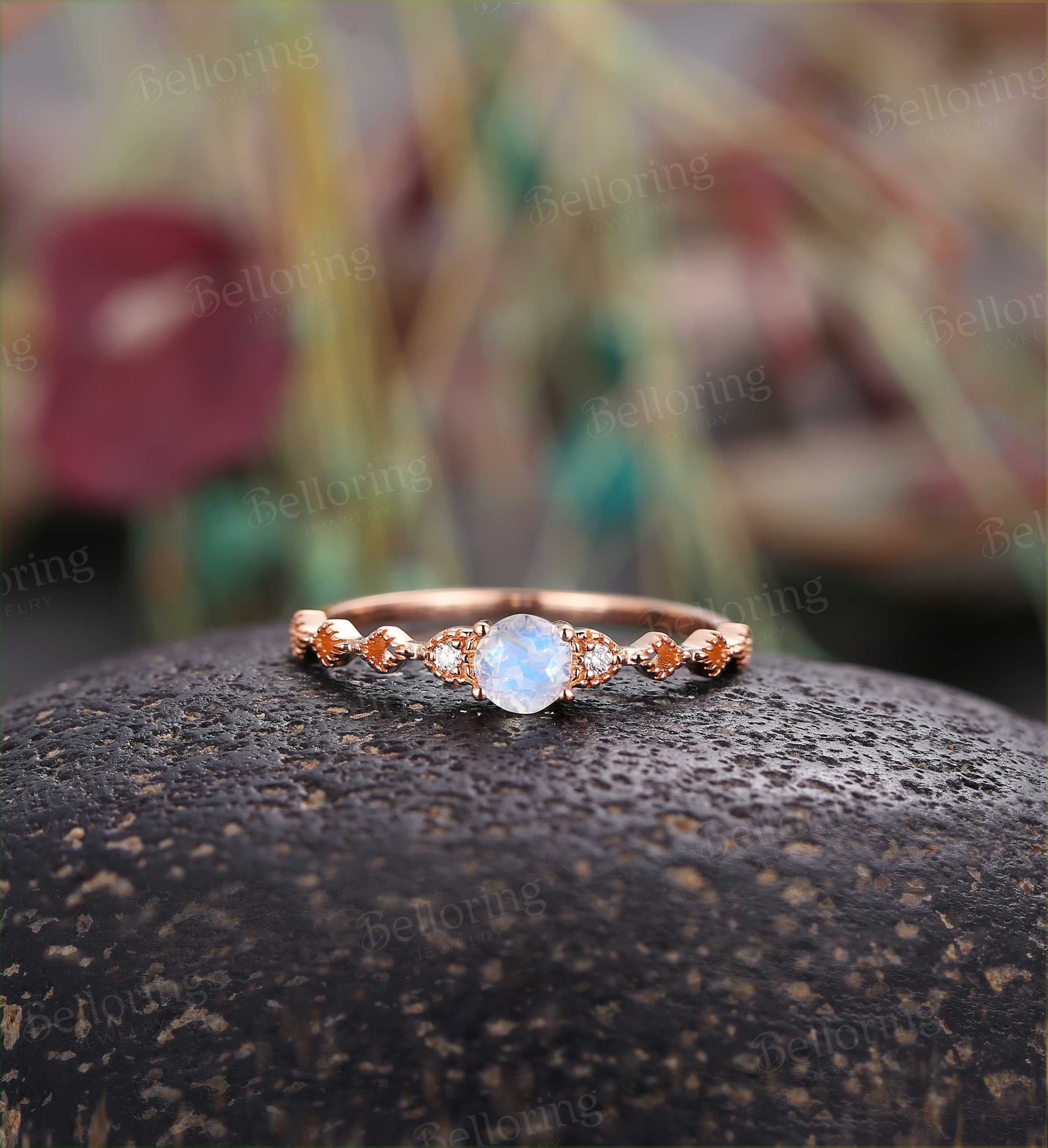 Art deco engagement ring  Vintage moonstone diamond rose gold Unique wedding  Bridal Jewelry birthstone Anniversary wedding ring