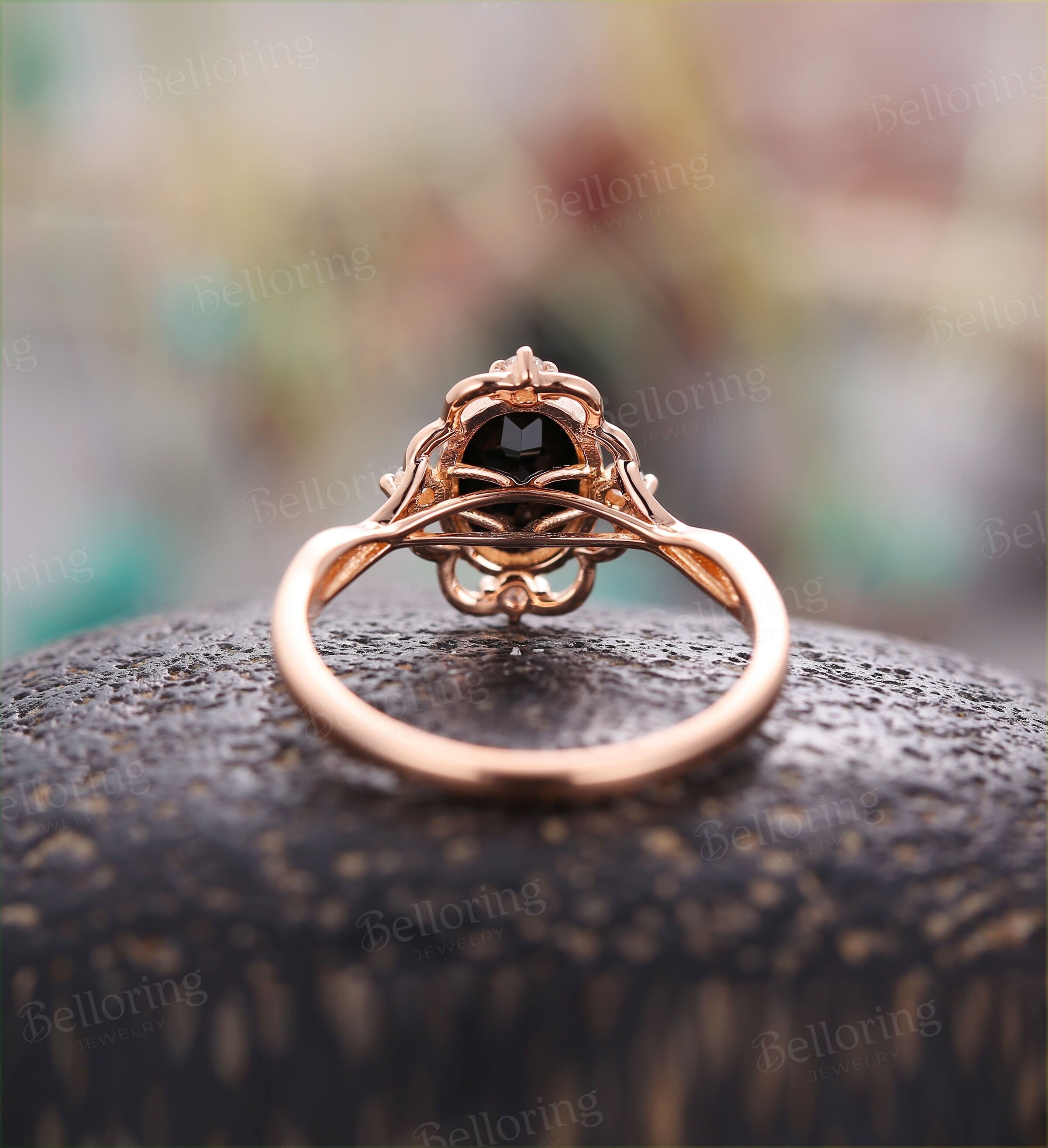 Black Onyx engagement ring vintage Rose gold ring oval cut Antique diamond ring art deco ring Wedding ring unique ring Anniversary ring