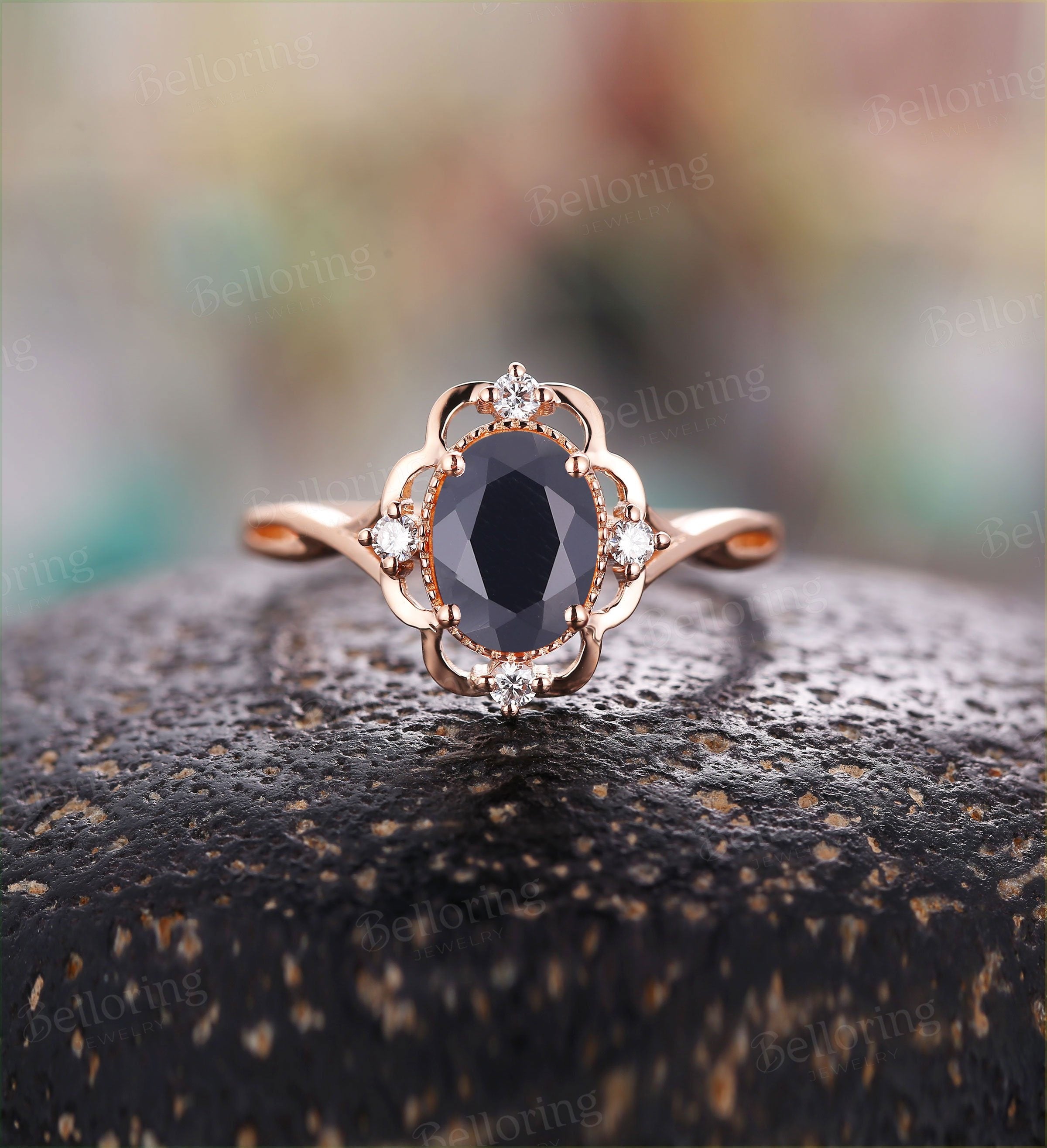 Black Onyx engagement ring vintage Rose gold ring oval cut Antique diamond ring art deco ring Wedding ring unique ring Anniversary ring